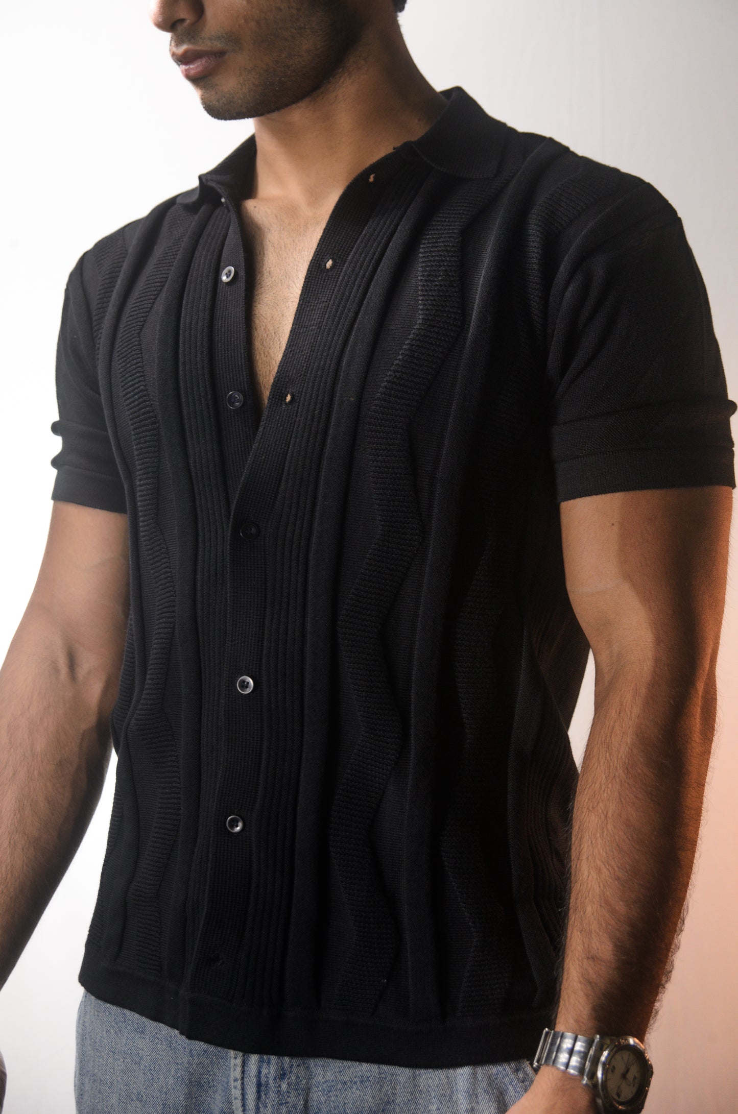 Ocean Wave Knitted Shirt - BLACK