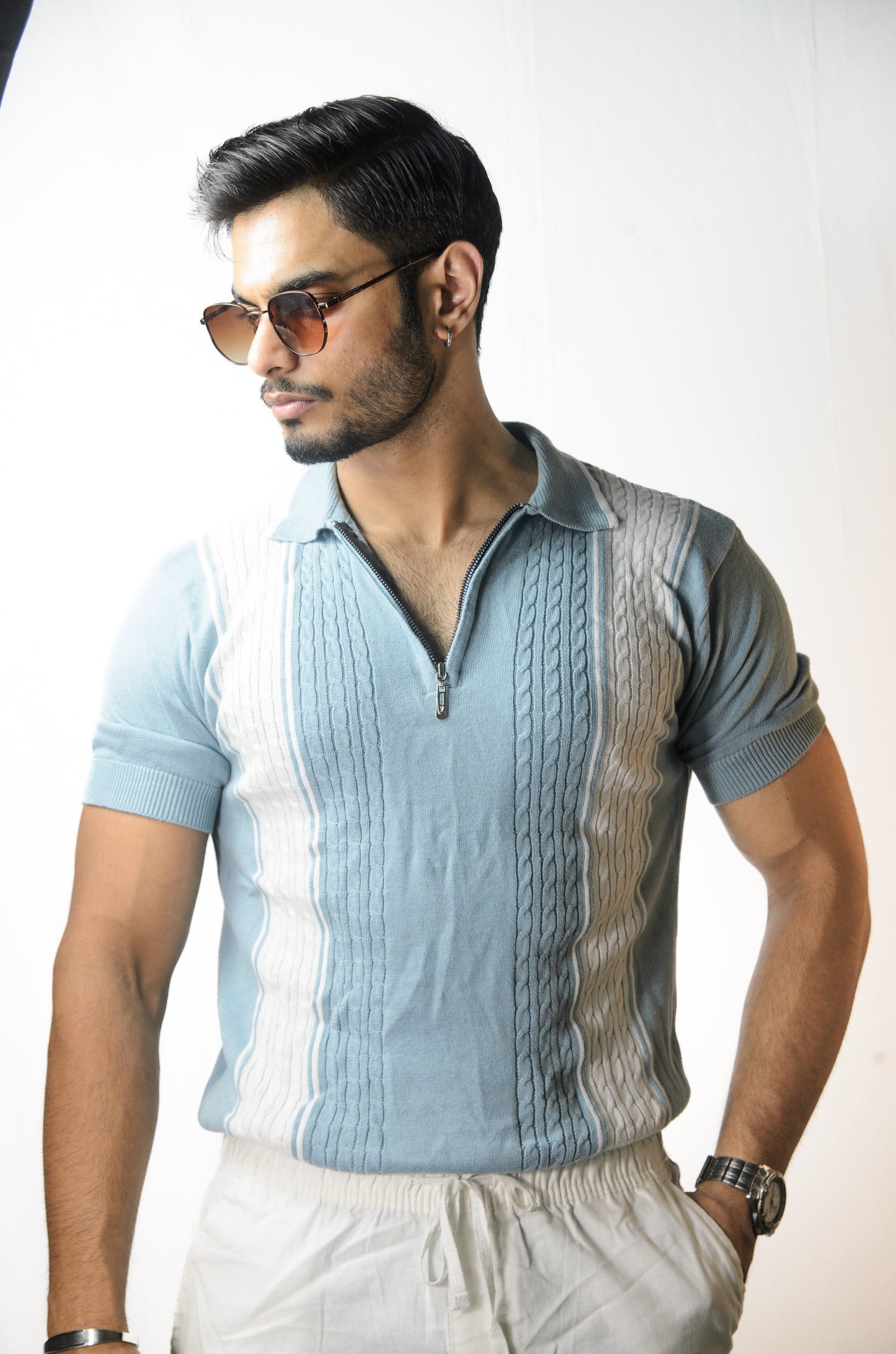European Style Knitted T-Shirt - SKY BLUE
