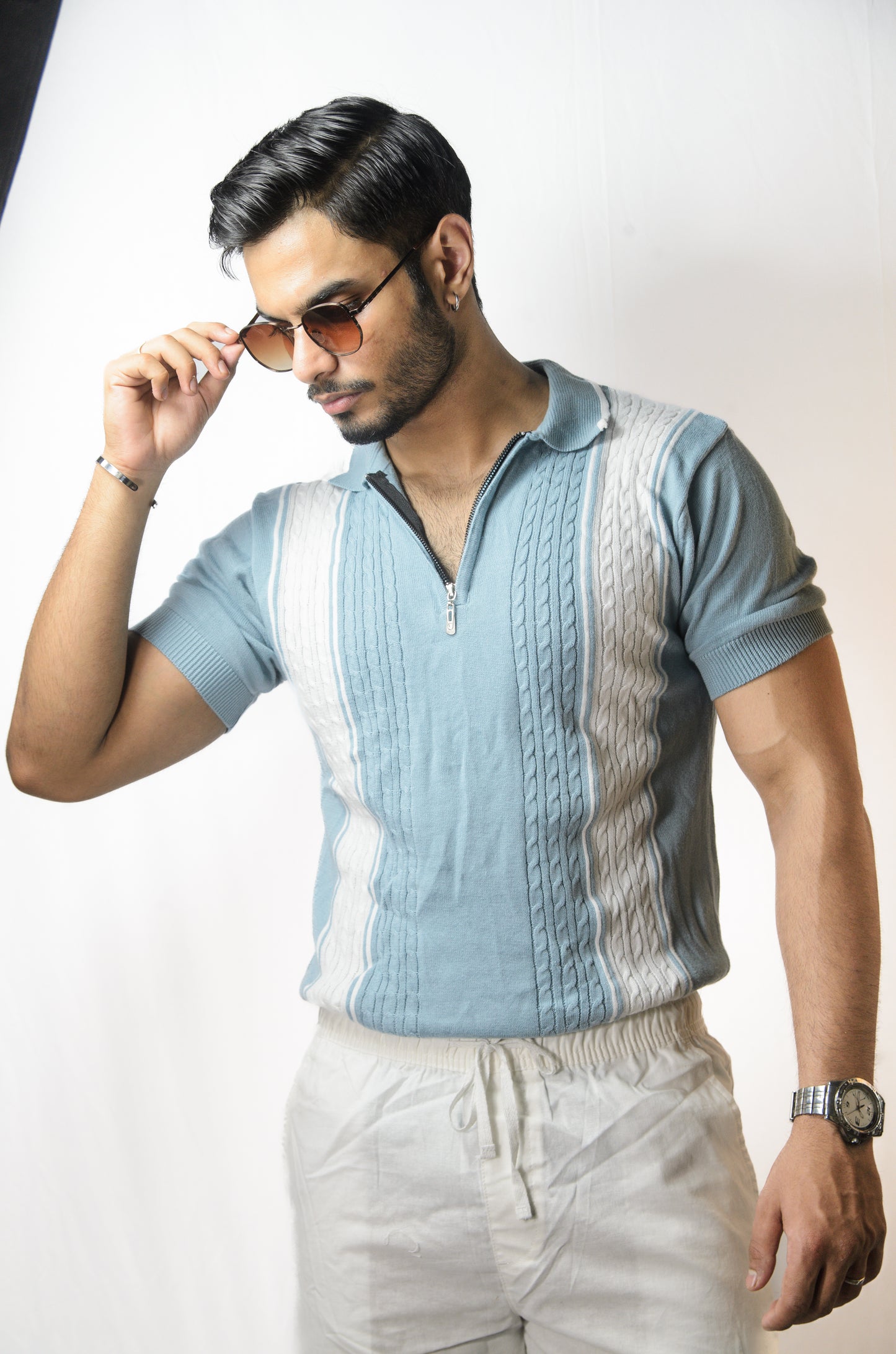 European Style Knitted T-Shirt - SKY BLUE