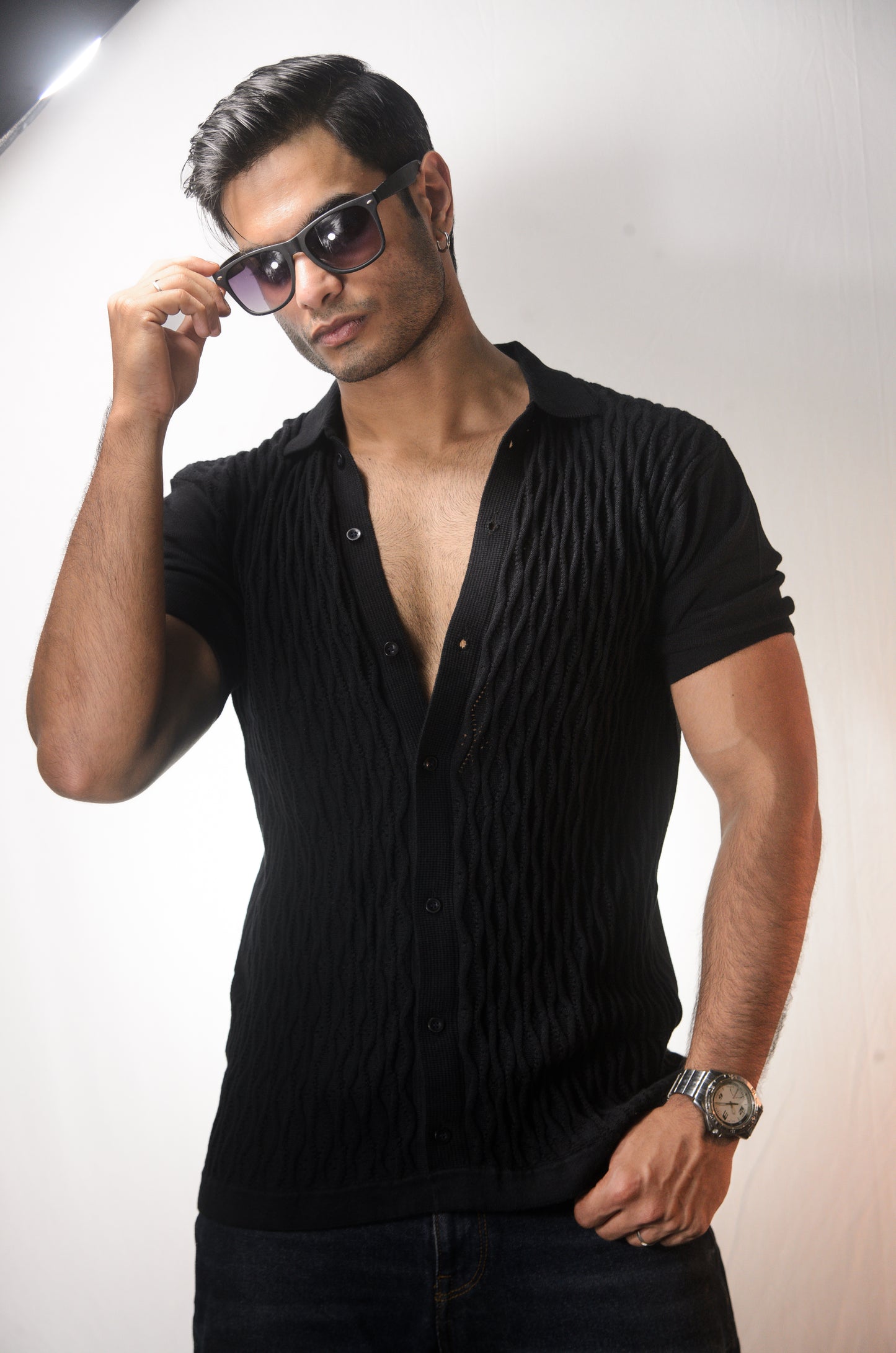 Diamond Stitch Knitted Shirt - BLACK