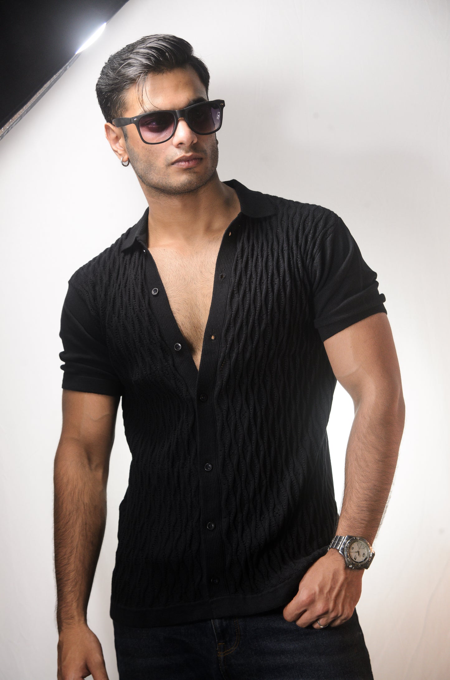 Diamond Stitch Knitted Shirt - BLACK