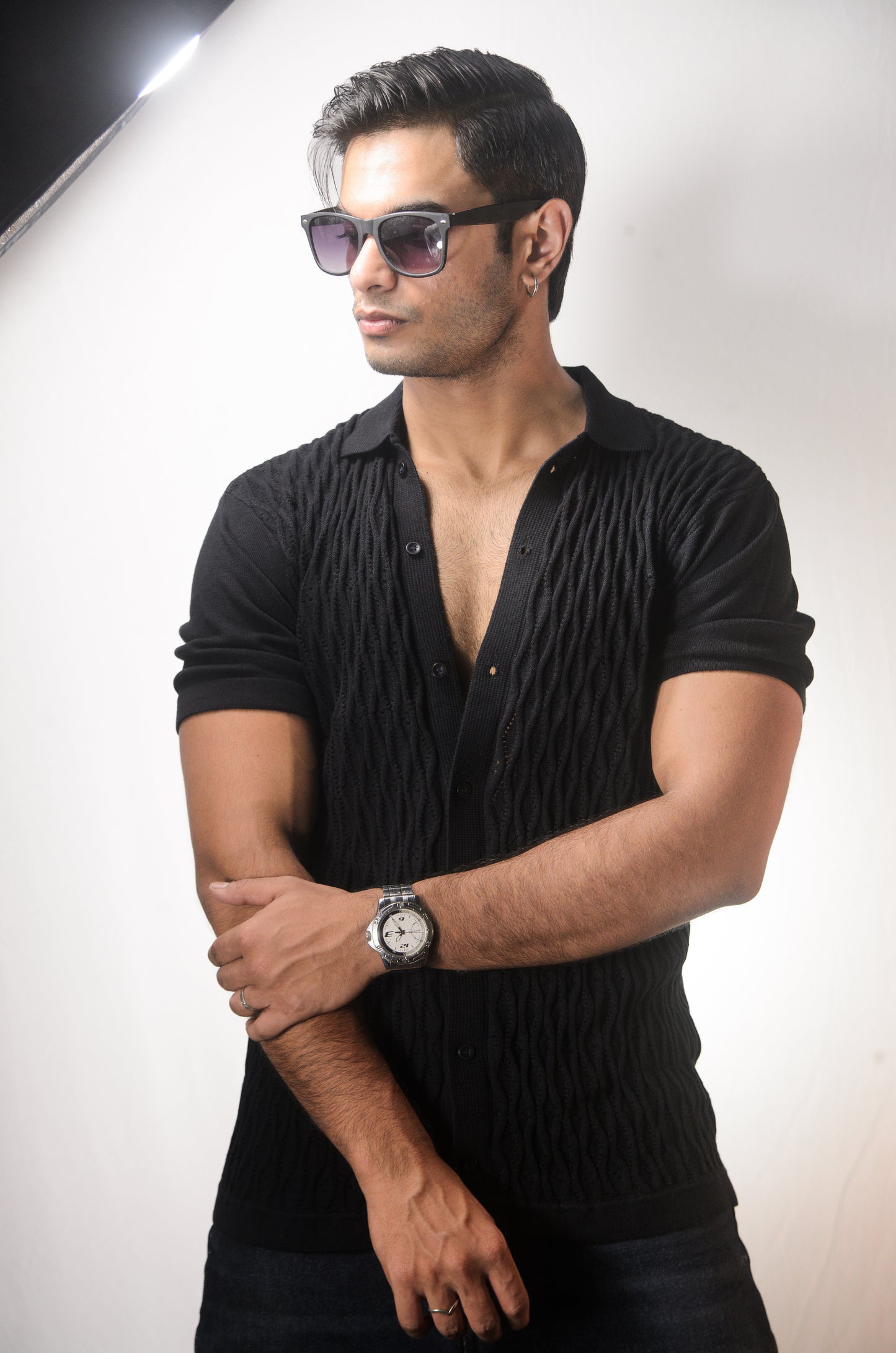 Diamond Stitch Knitted Shirt - BLACK