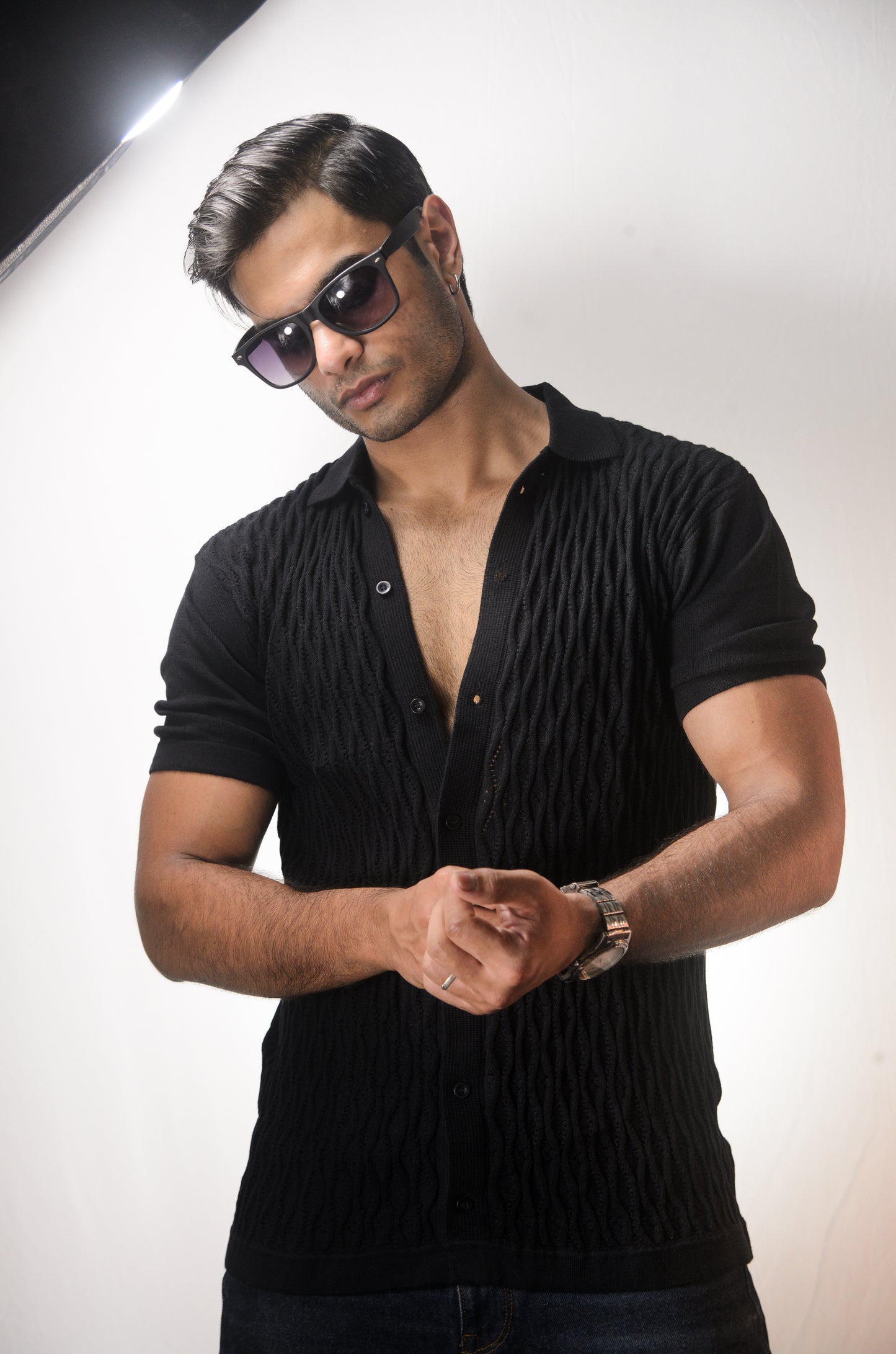 Diamond Stitch Knitted Shirt - BLACK