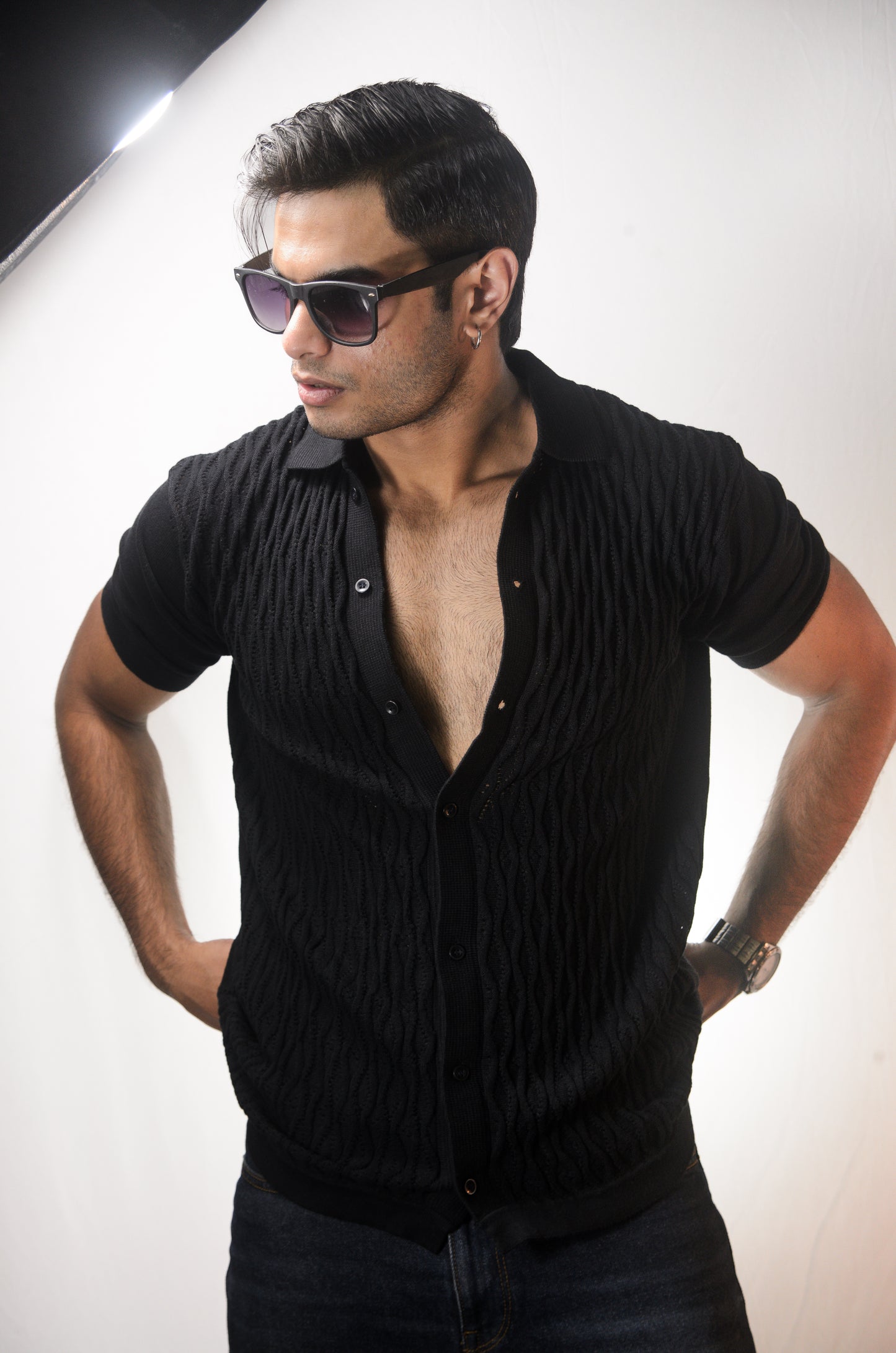 Diamond Stitch Knitted Shirt - BLACK