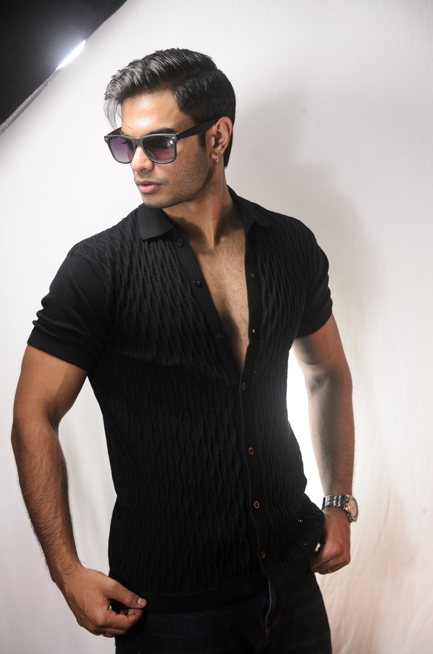 Diamond Stitch Knitted Shirt - BLACK
