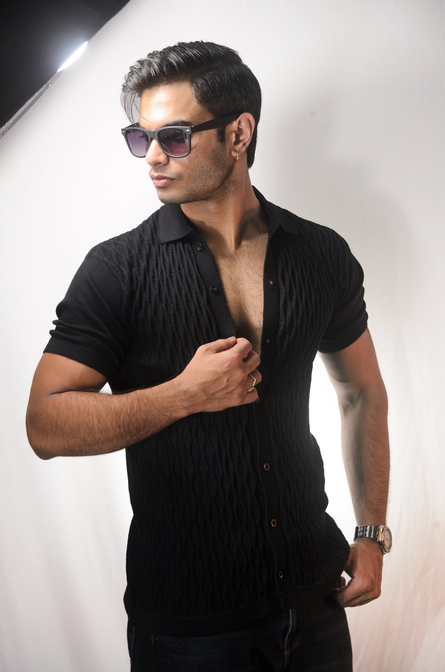 Diamond Stitch Knitted Shirt - BLACK