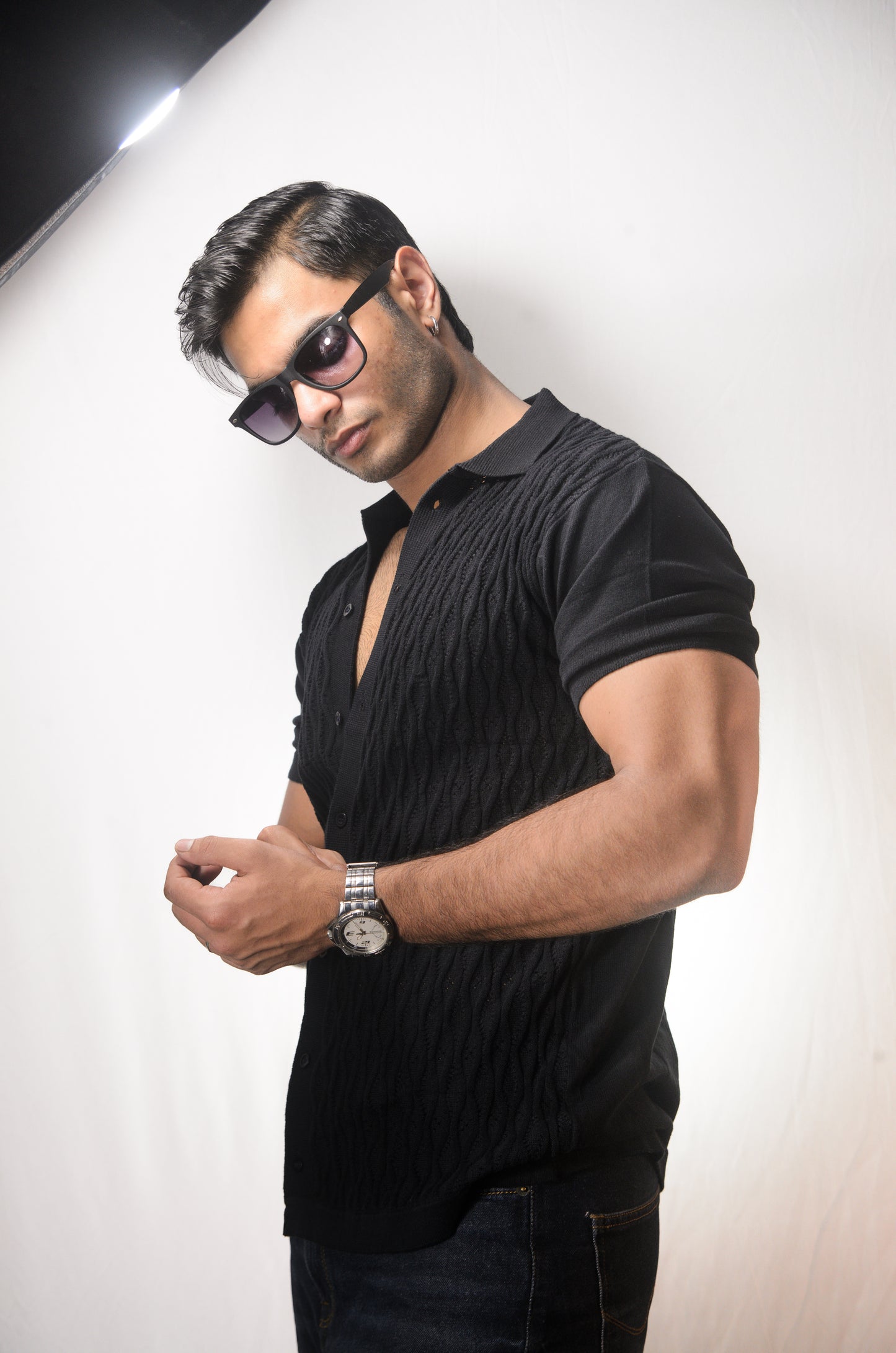 Diamond Stitch Knitted Shirt - BLACK