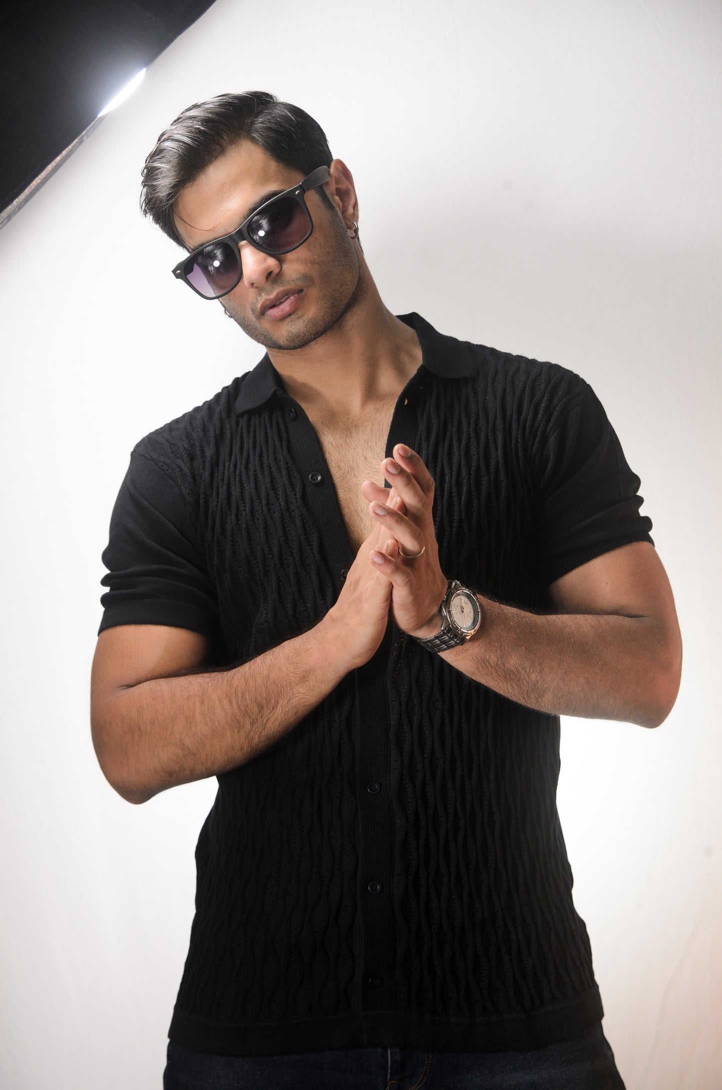 Diamond Stitch Knitted Shirt - BLACK