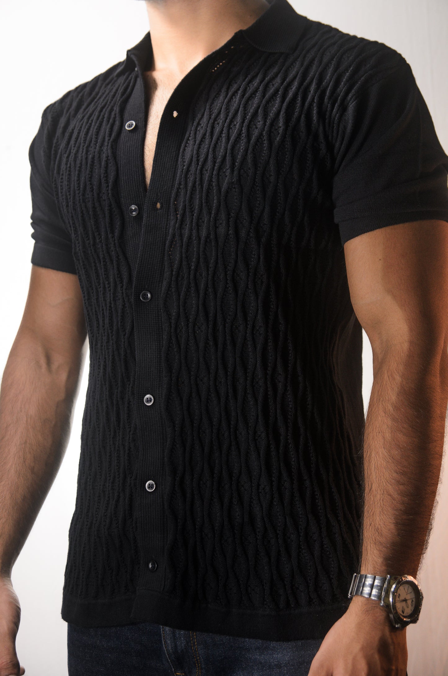 Diamond Stitch Knitted Shirt - BLACK