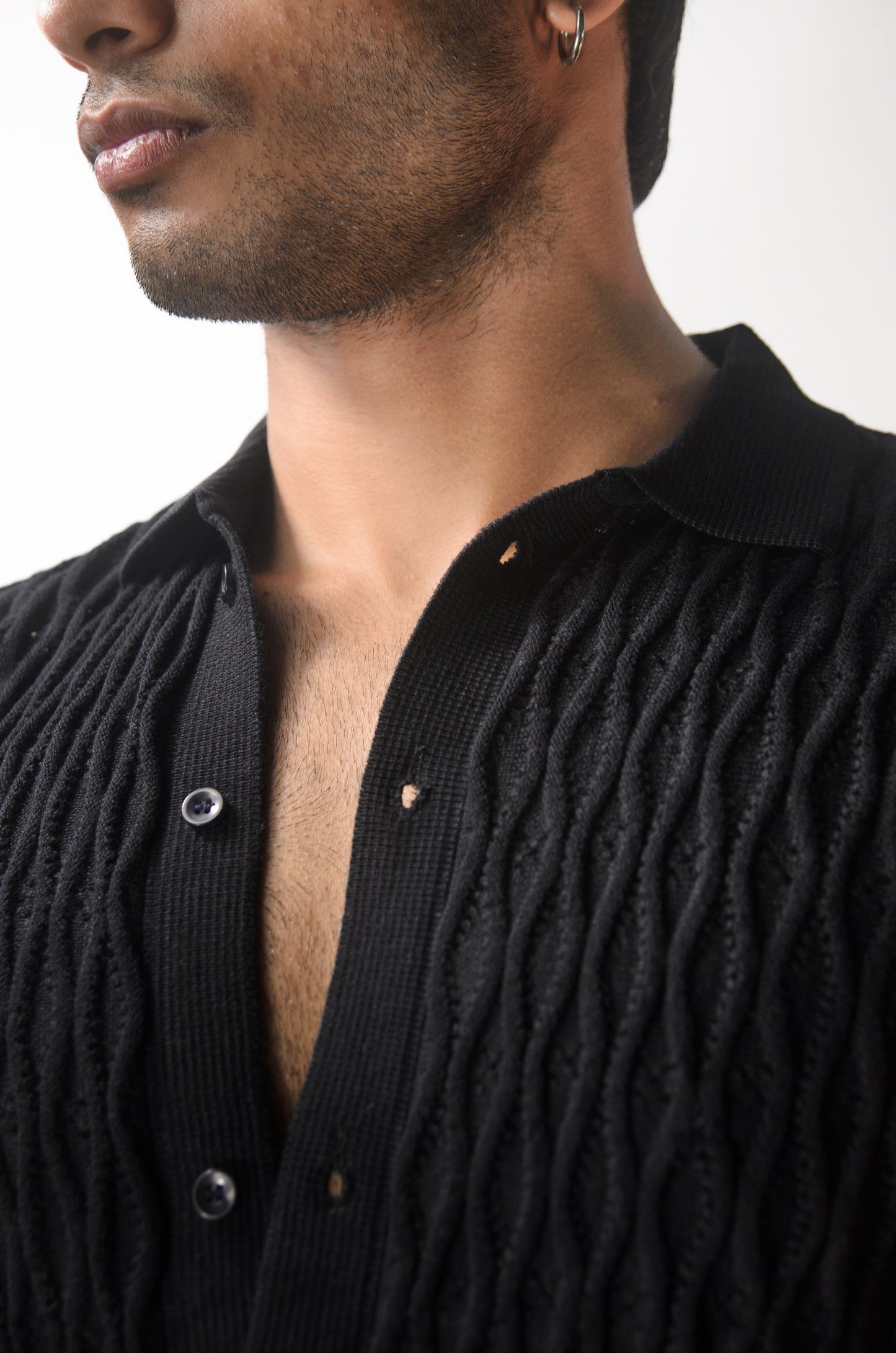 Diamond Stitch Knitted Shirt - BLACK