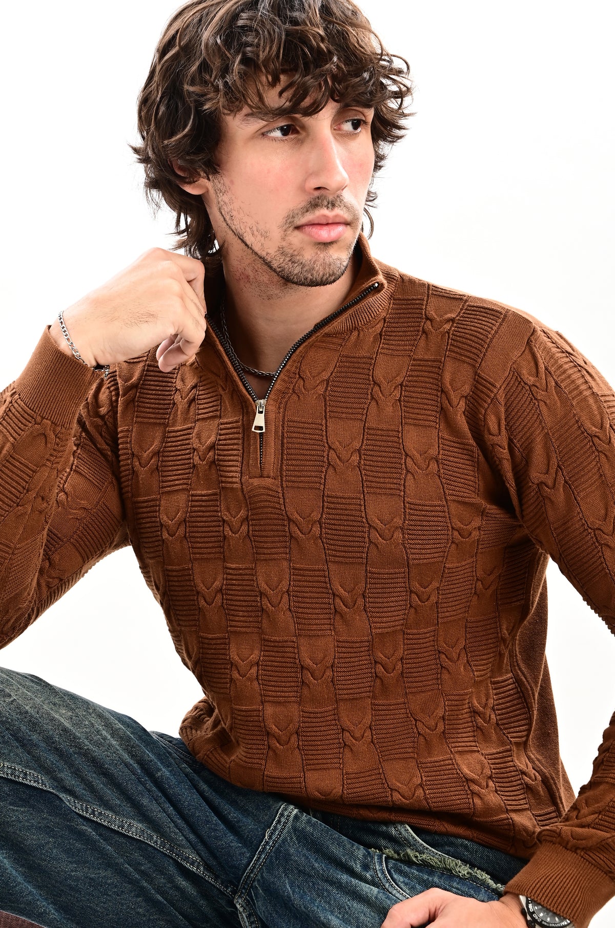 The Savile Quarter-Zip Polo BROWN