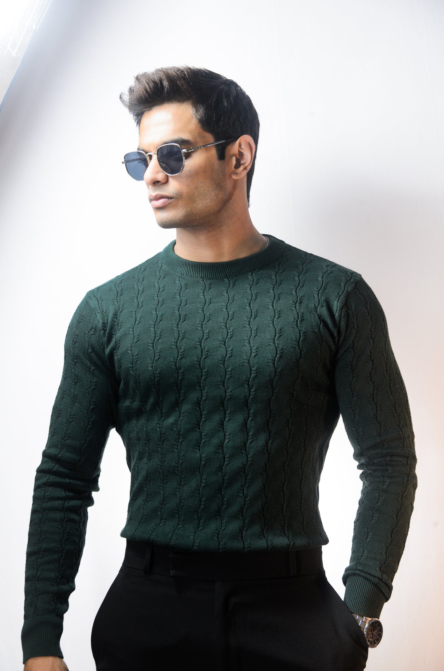 Forest Luxe Full Sleeve Knitted Tshirt - BOTTLE GREEN