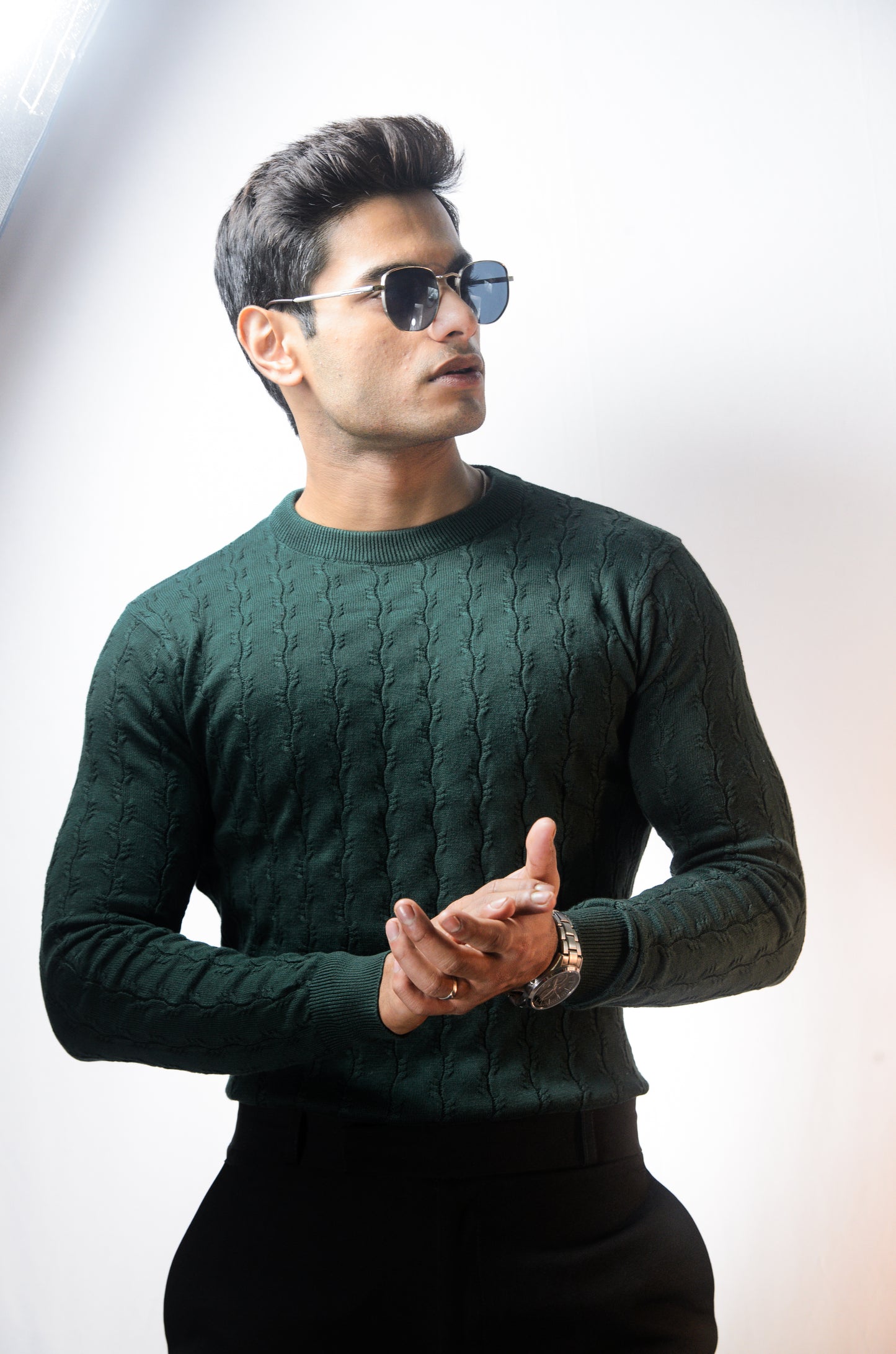 Forest Luxe Full Sleeve Knitted Tshirt - BOTTLE GREEN