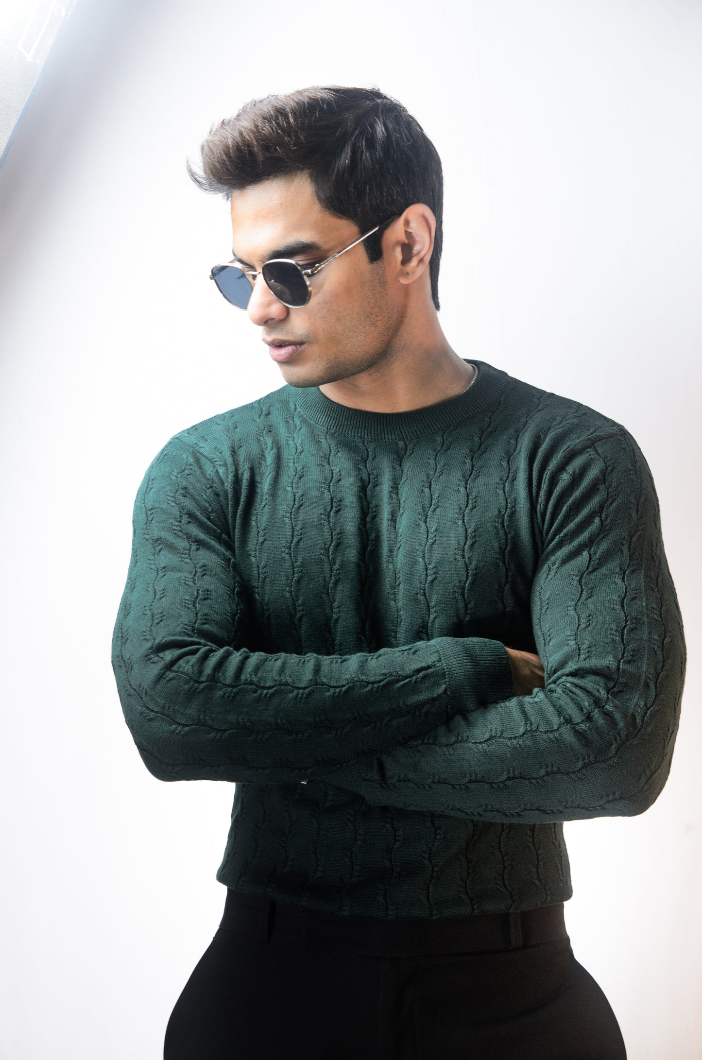 Forest Luxe Full Sleeve Knitted Tshirt - BOTTLE GREEN