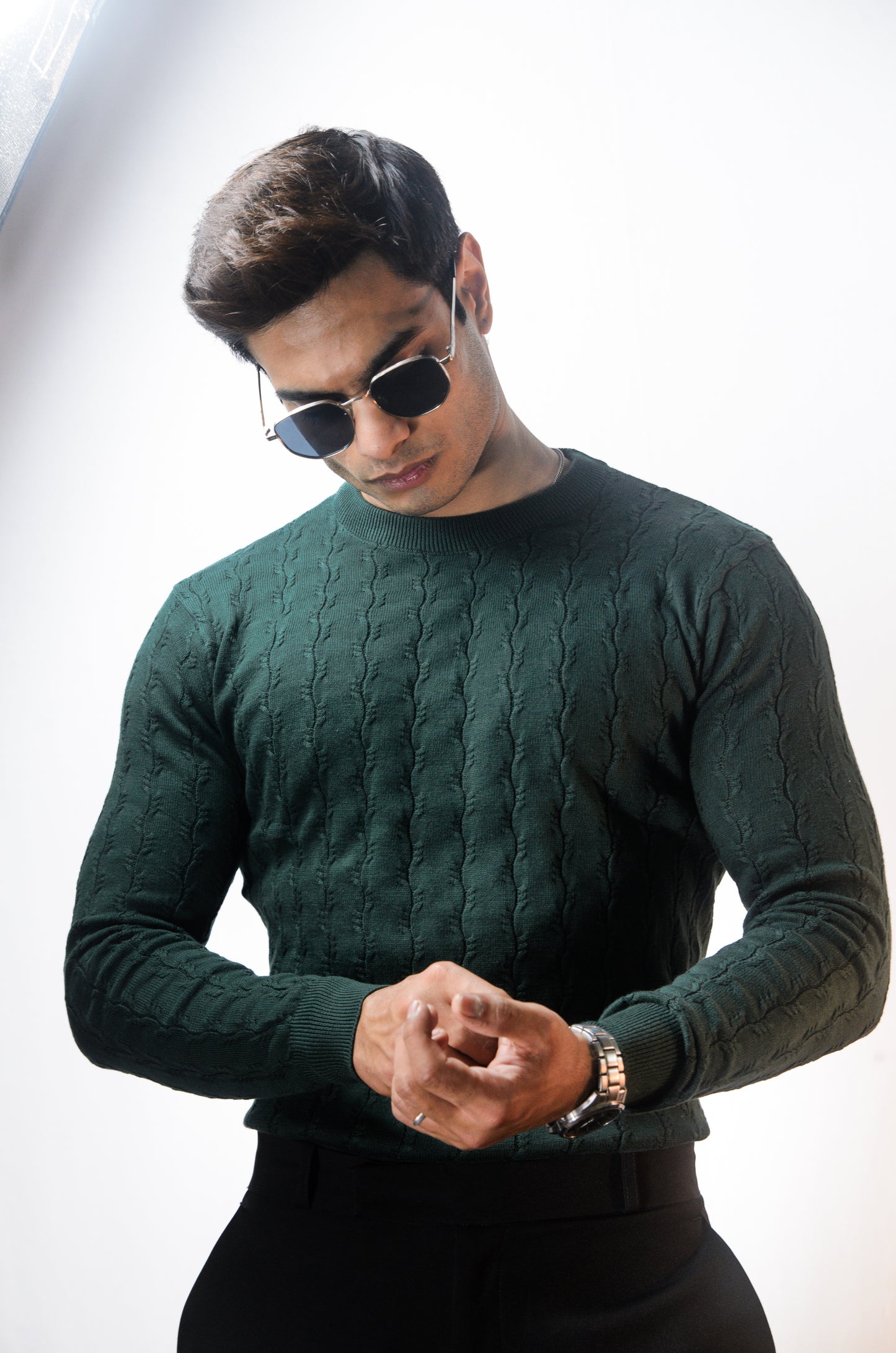 Forest Luxe Full Sleeve Knitted Tshirt - BOTTLE GREEN
