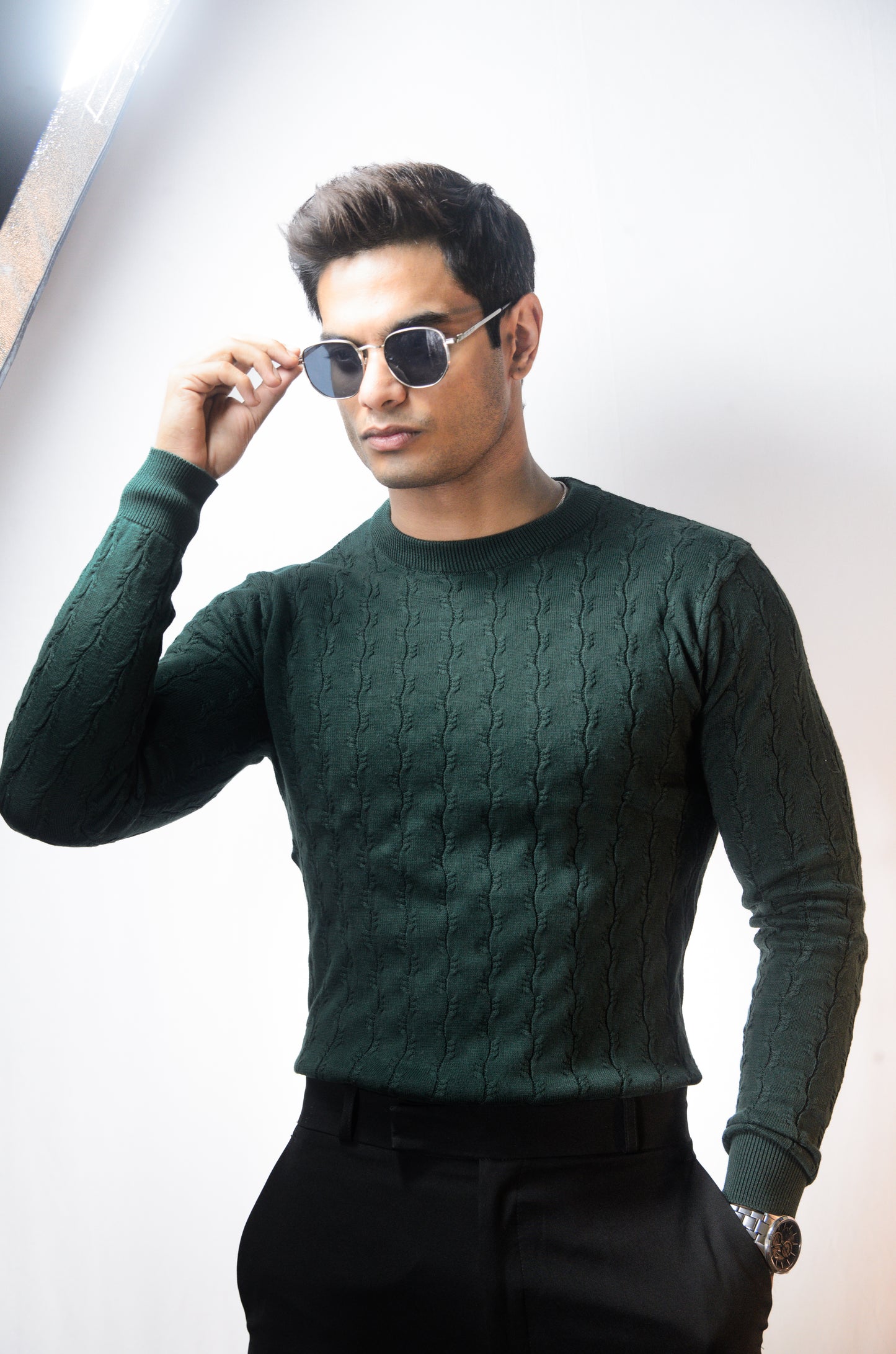 Forest Luxe Full Sleeve Knitted Tshirt - BOTTLE GREEN