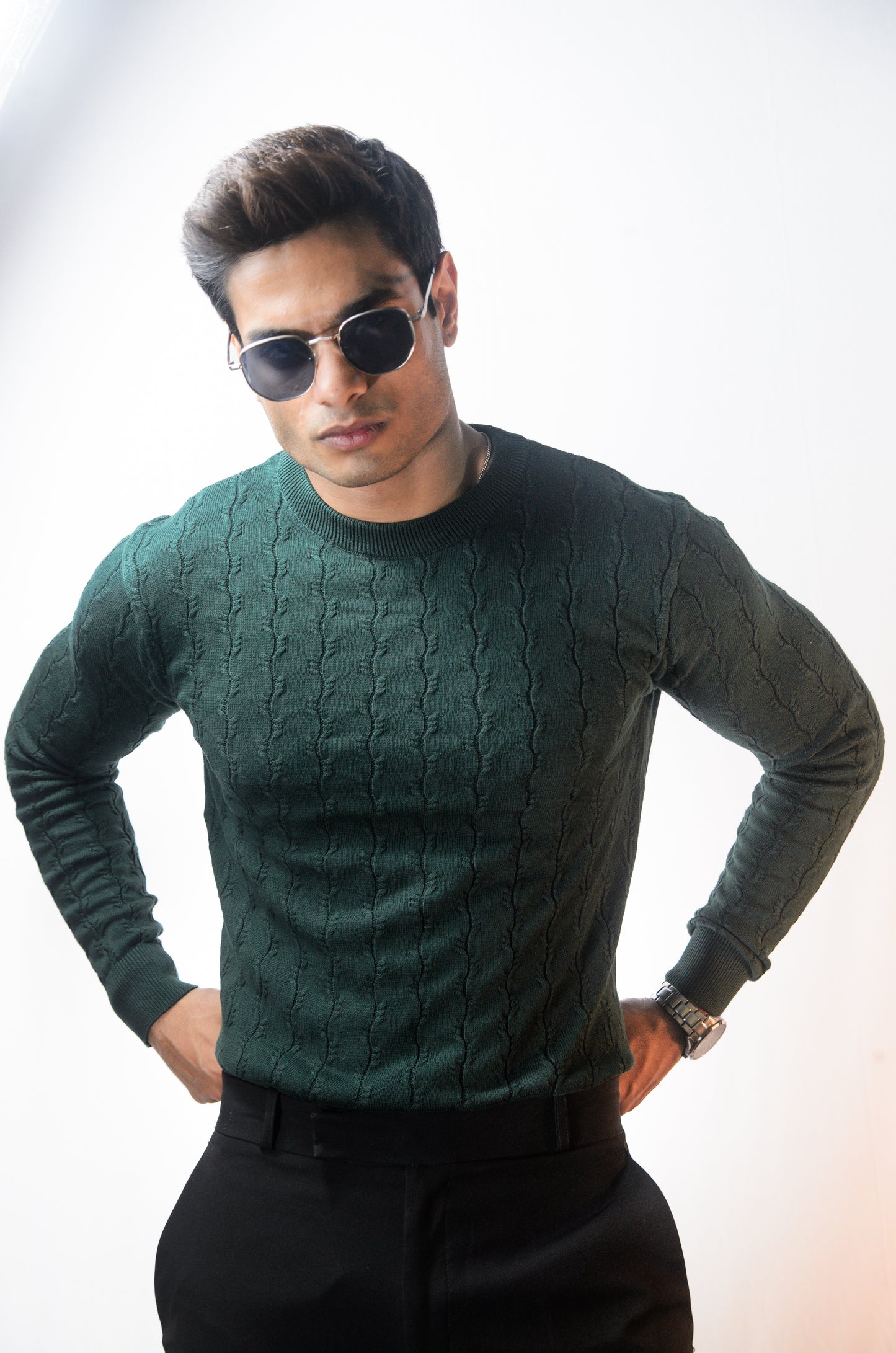 Forest Luxe Full Sleeve Knitted Tshirt - BOTTLE GREEN