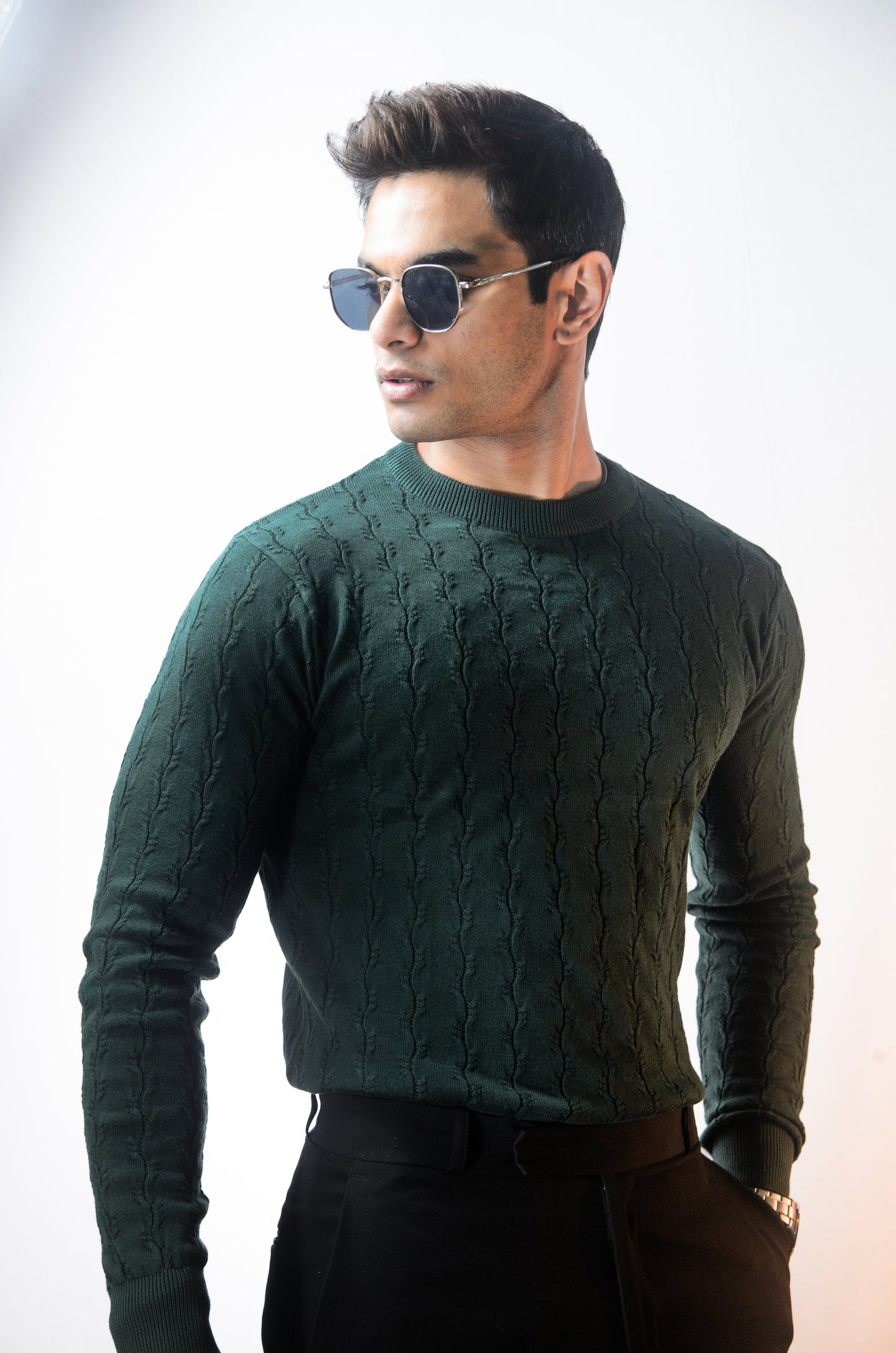 Forest Luxe Full Sleeve Knitted Tshirt - BOTTLE GREEN