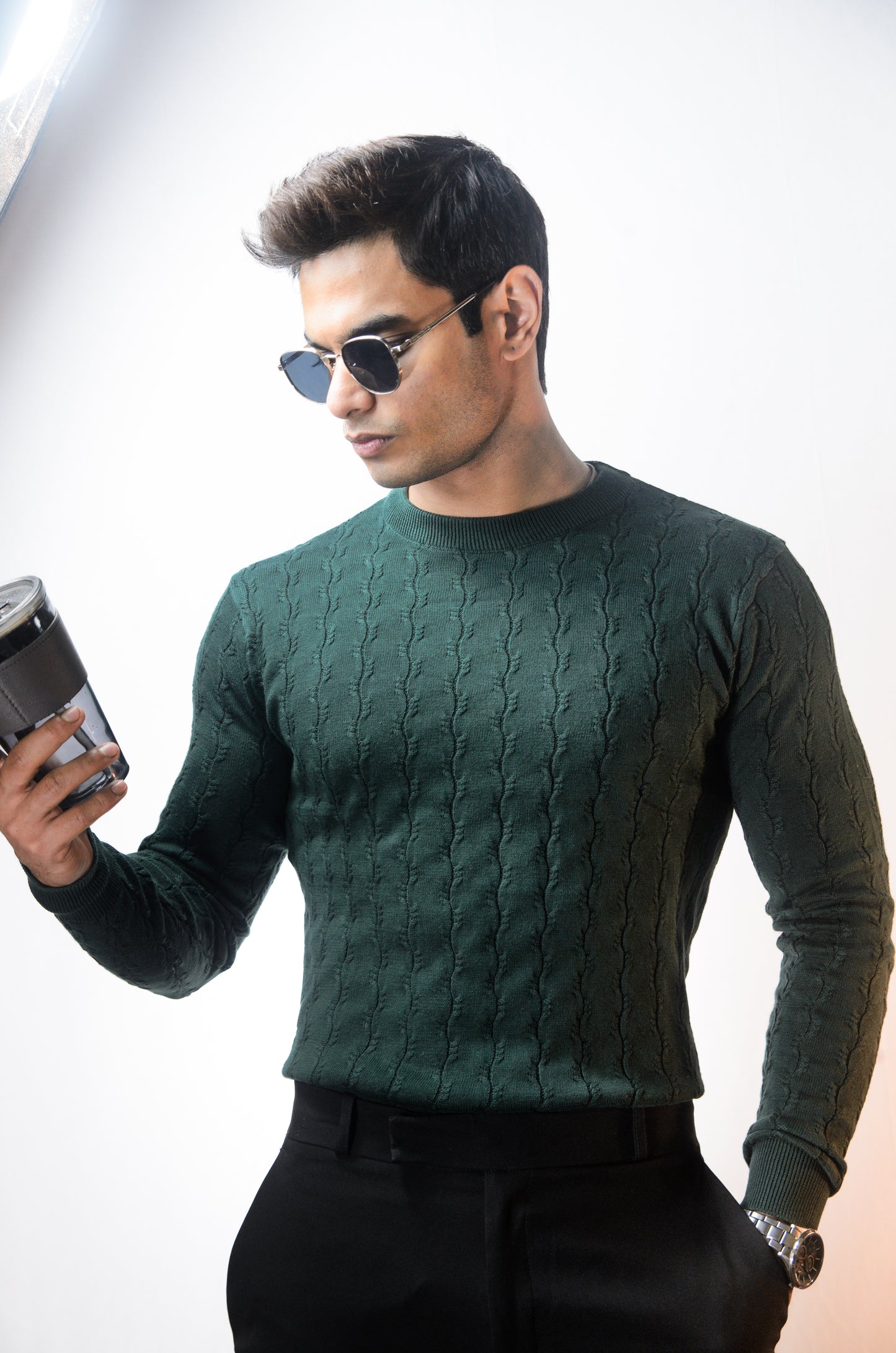 Forest Luxe Full Sleeve Knitted Tshirt - BOTTLE GREEN