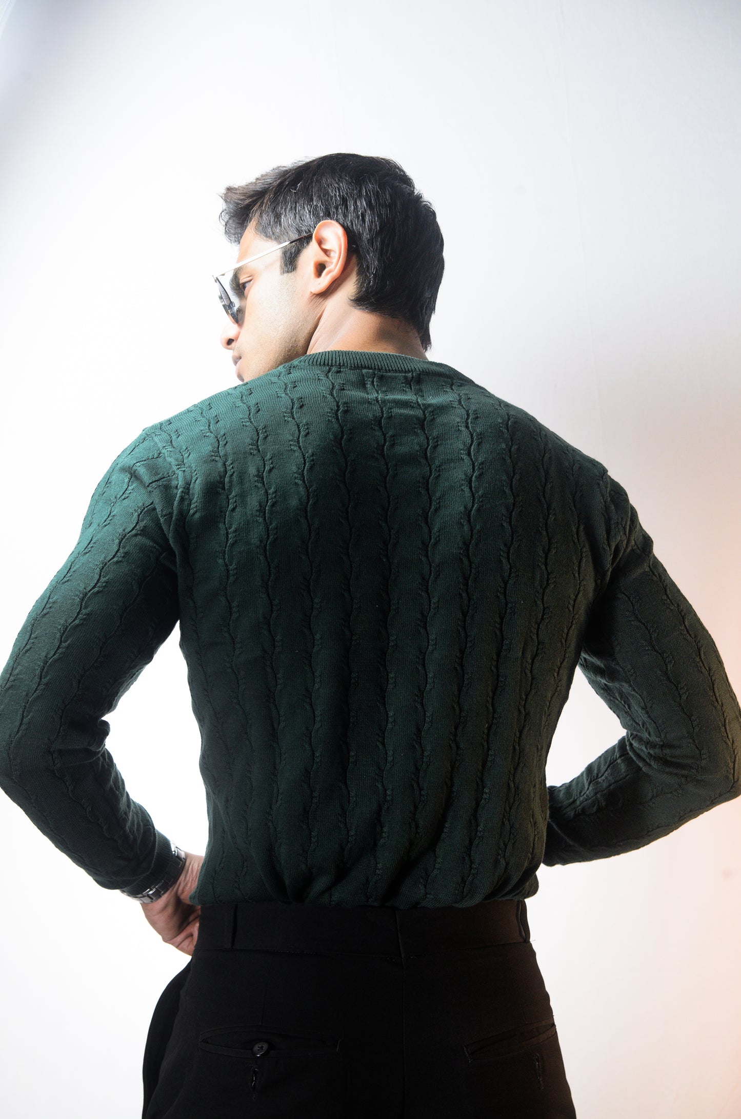 Forest Luxe Full Sleeve Knitted Tshirt - BOTTLE GREEN