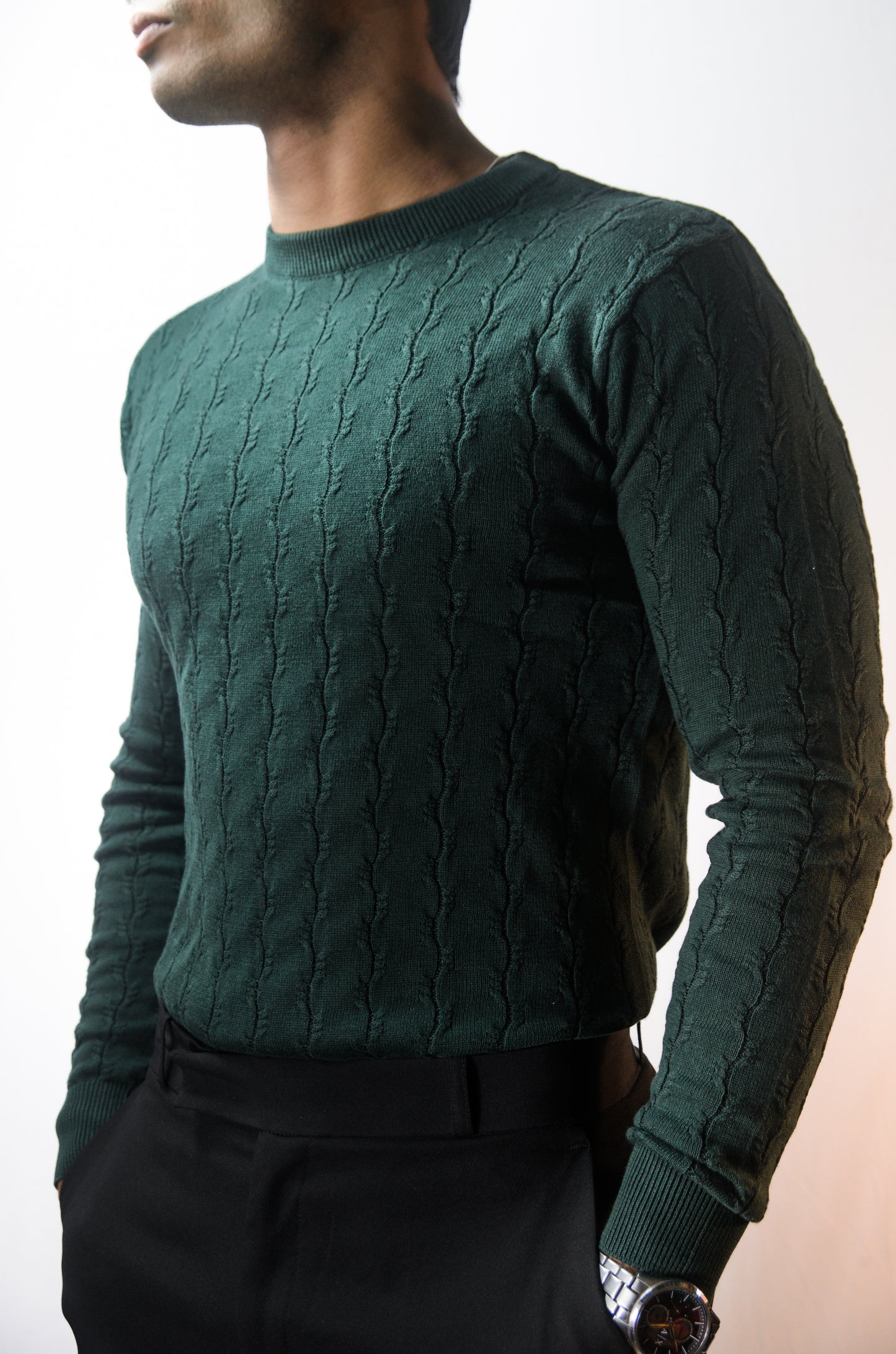 Forest Luxe Full Sleeve Knitted Tshirt - BOTTLE GREEN