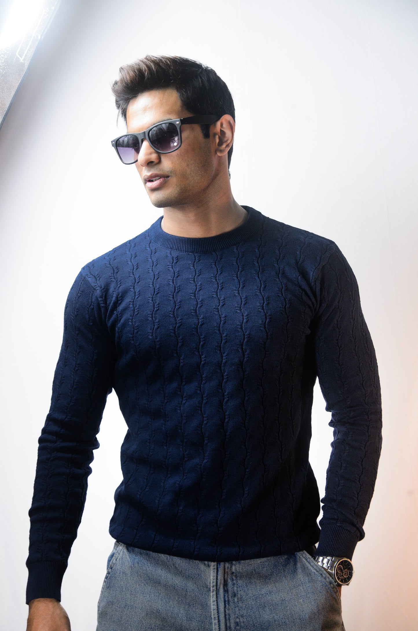 Forest Luxe Full Sleeve Knitted Tshirt - NAVY