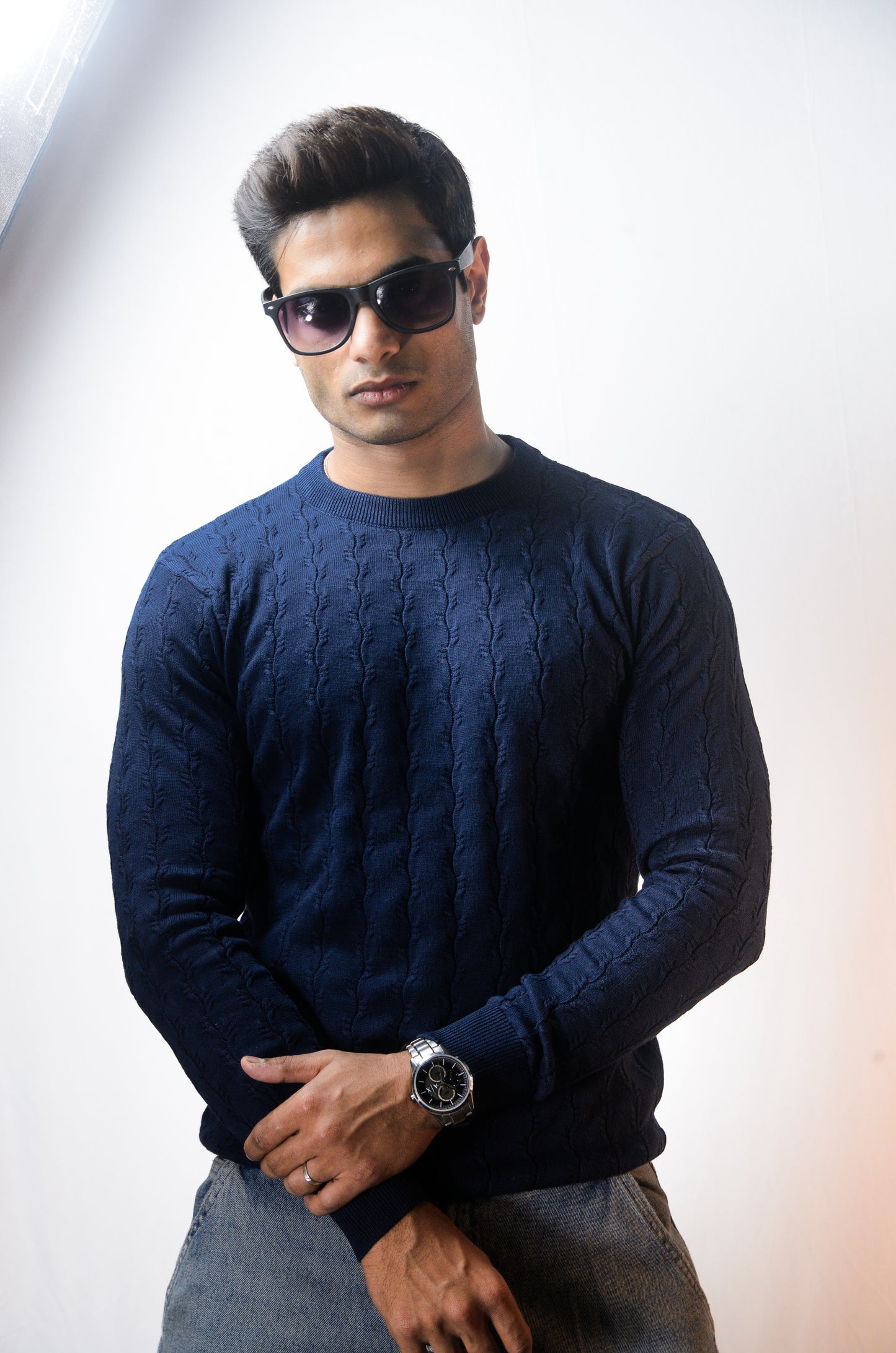 Forest Luxe Full Sleeve Knitted Tshirt - NAVY