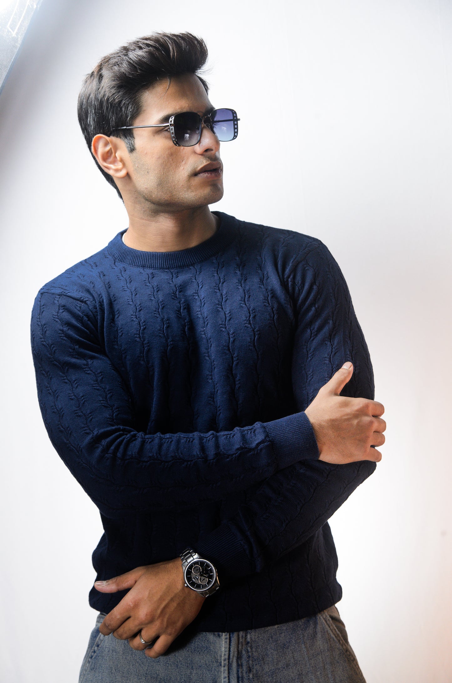 Forest Luxe Full Sleeve Knitted Tshirt - NAVY
