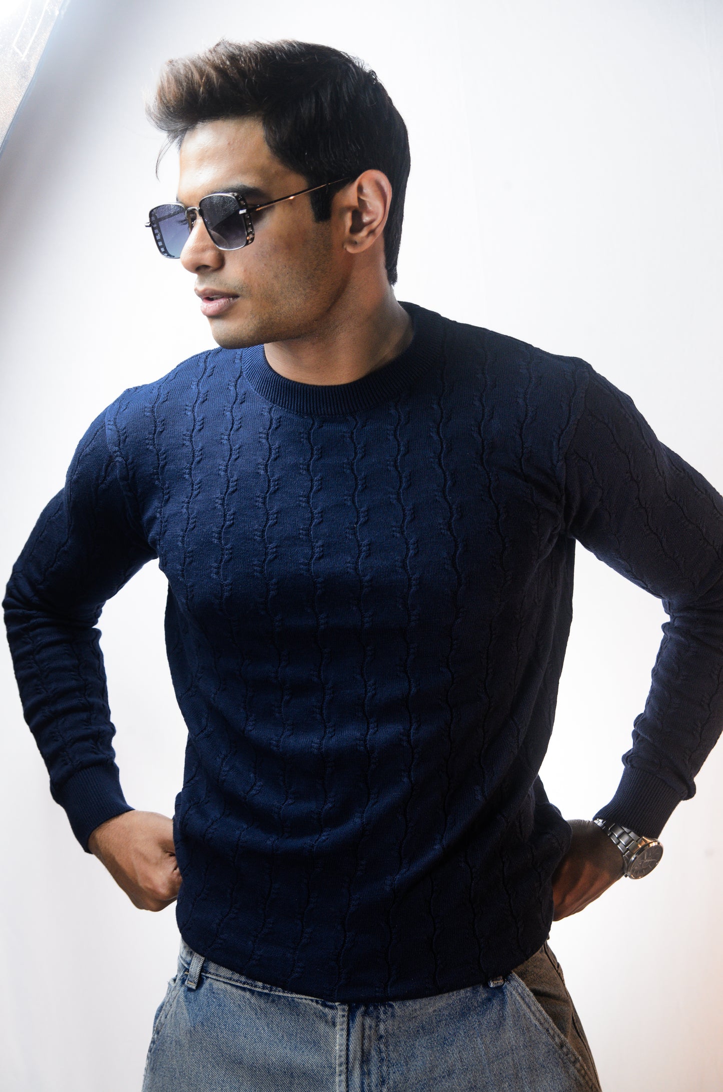 Forest Luxe Full Sleeve Knitted Tshirt - NAVY