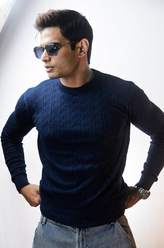 Forest Luxe Full Sleeve Knitted Tshirt - NAVY