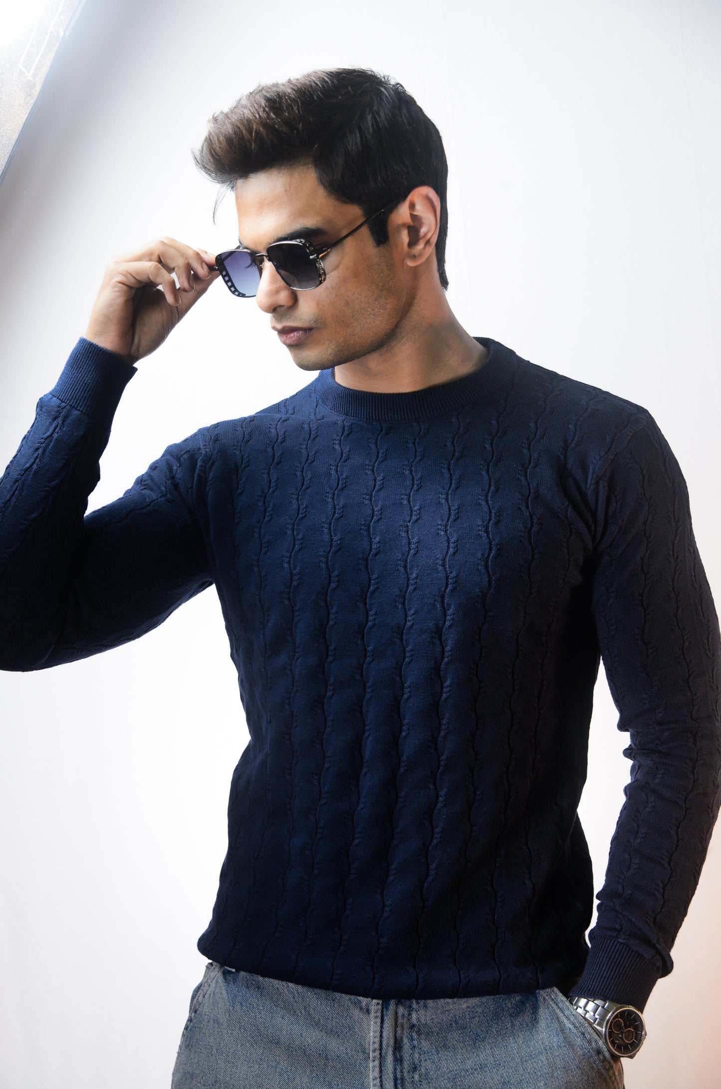 Forest Luxe Full Sleeve Knitted Tshirt - NAVY