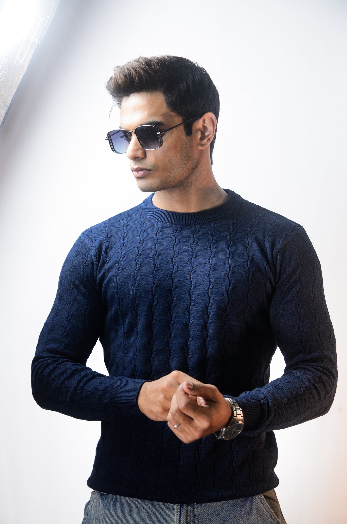 Forest Luxe Full Sleeve Knitted Tshirt - NAVY