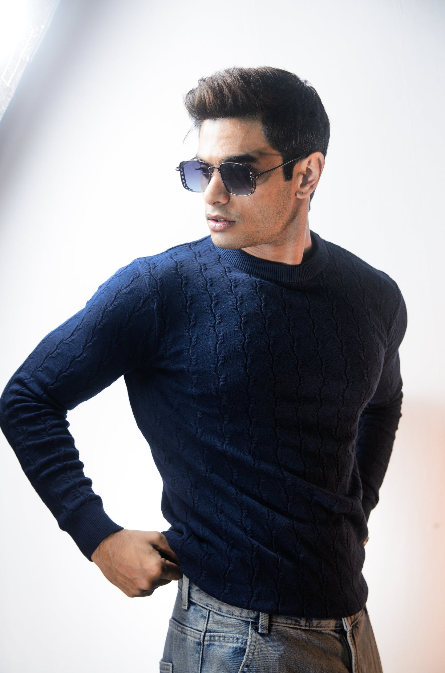 Forest Luxe Full Sleeve Knitted Tshirt - NAVY
