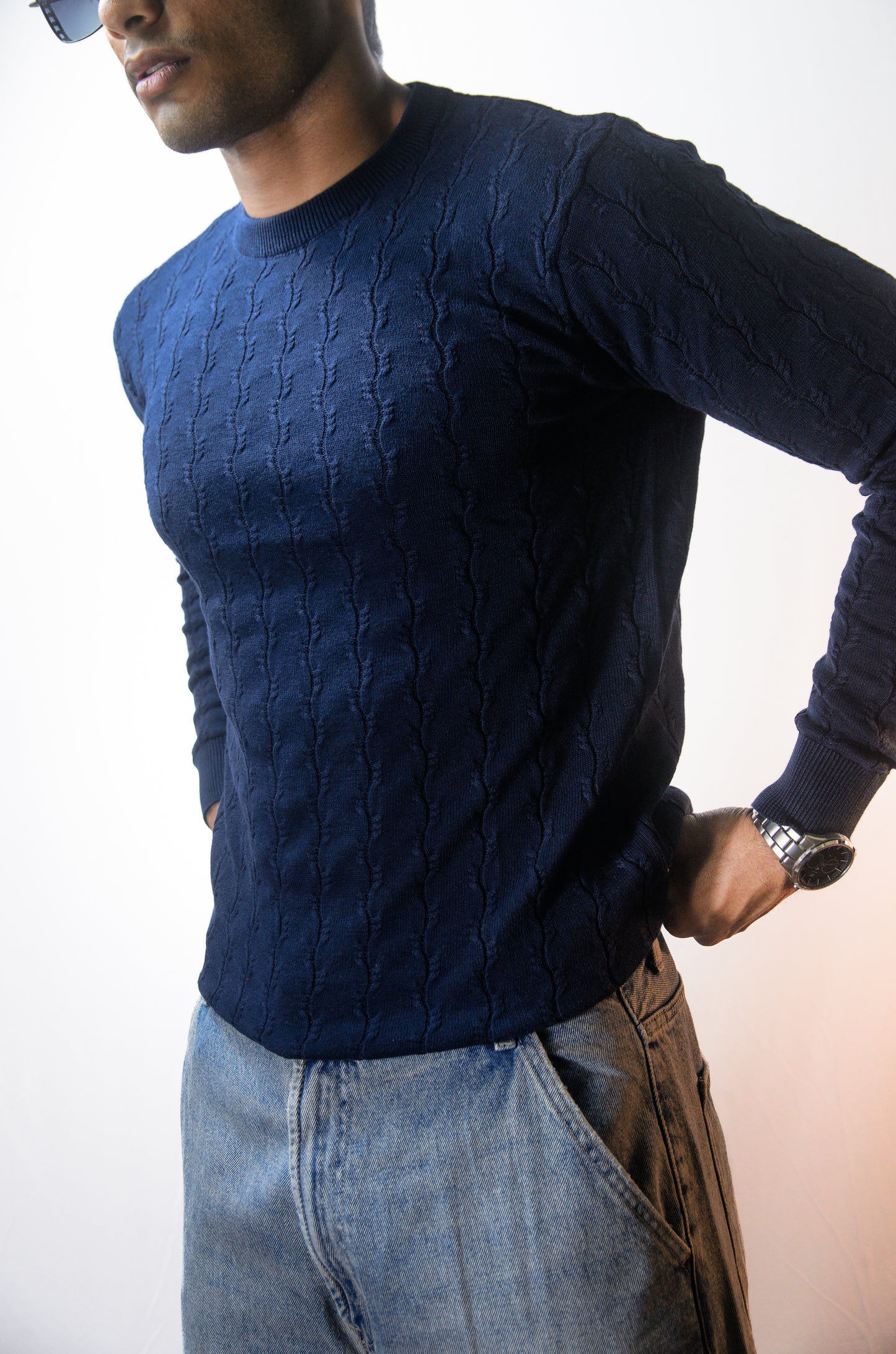 Forest Luxe Full Sleeve Knitted Tshirt - NAVY