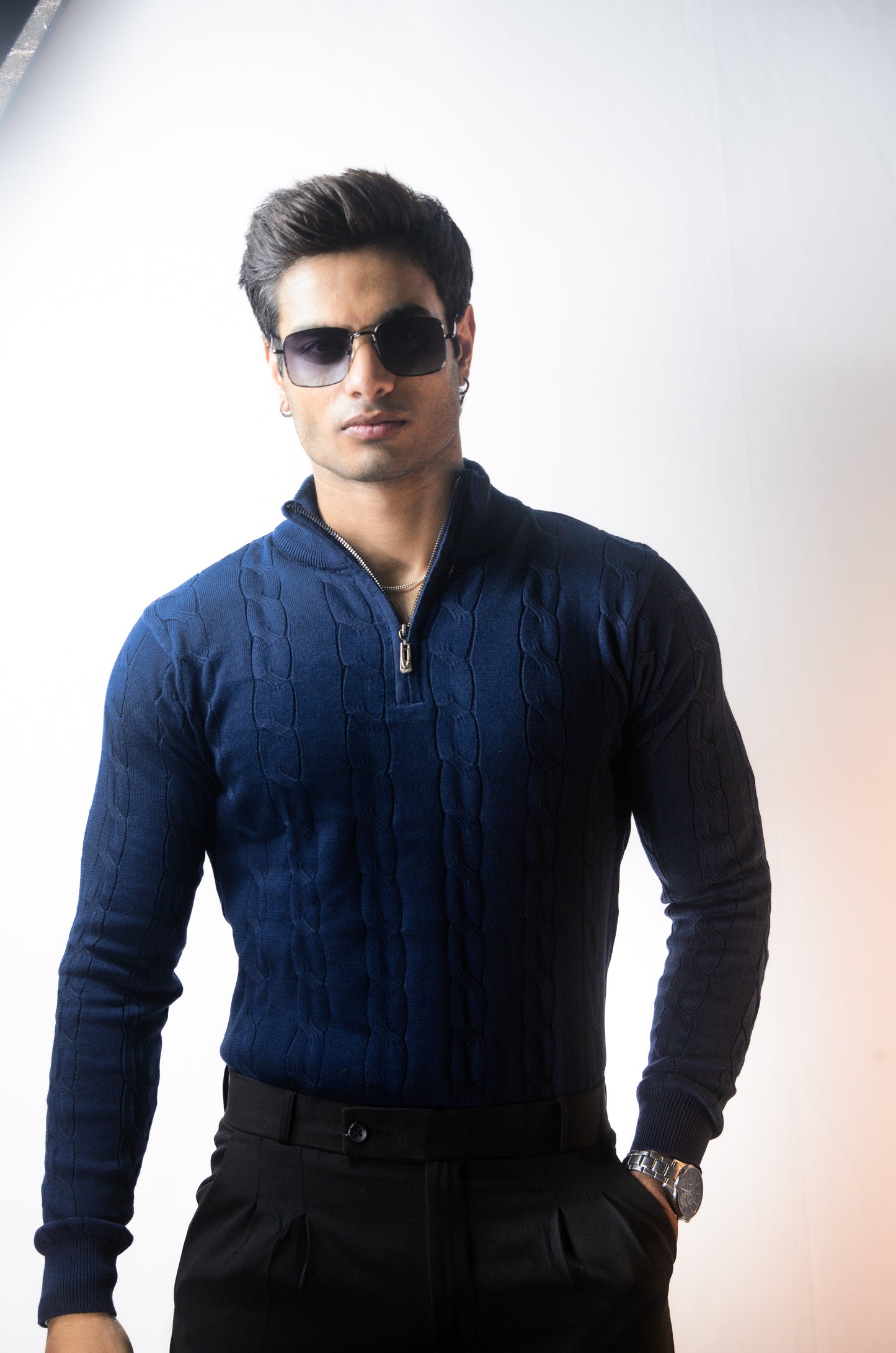 Riviera Knit Full Sleeve T-shirt- Navy Blue