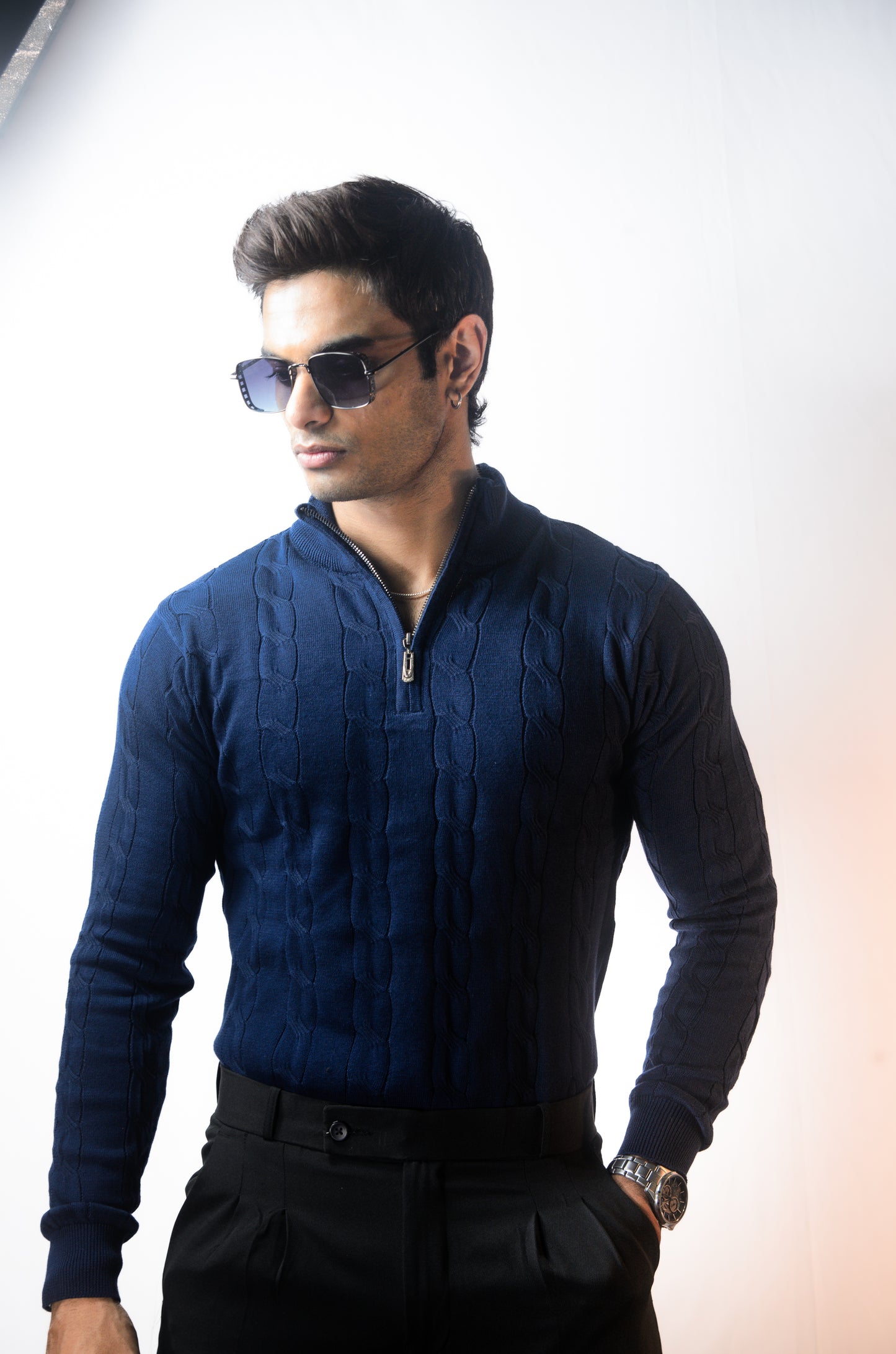 Riviera Knit Full Sleeve T-shirt- Navy Blue