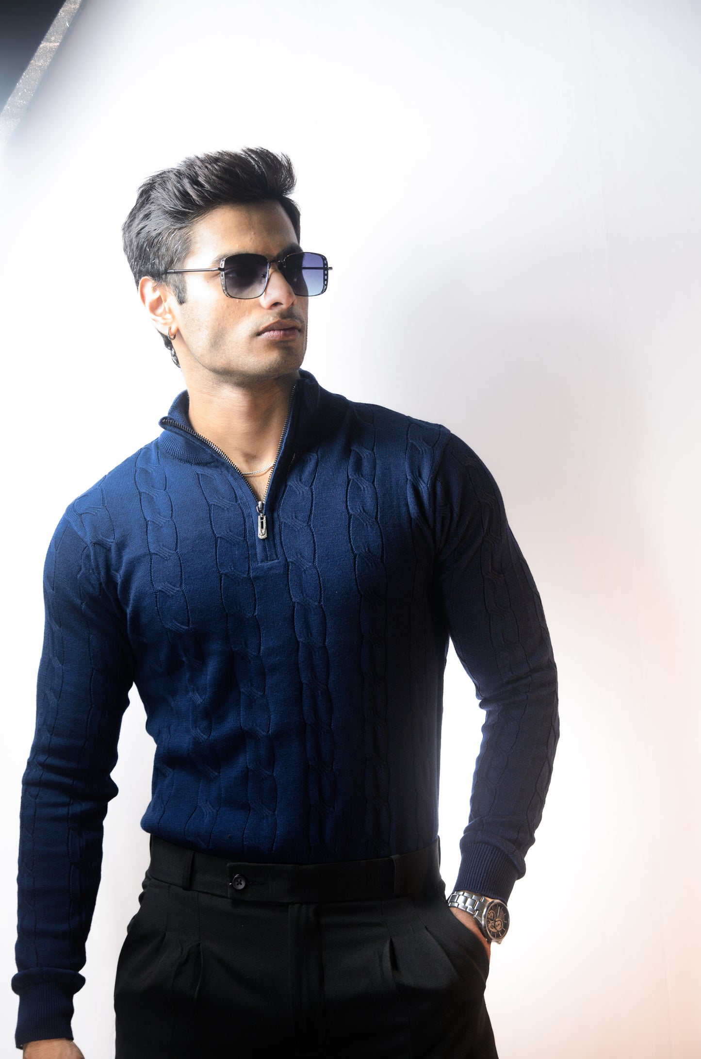 Riviera Knit Full Sleeve T-shirt- Navy Blue