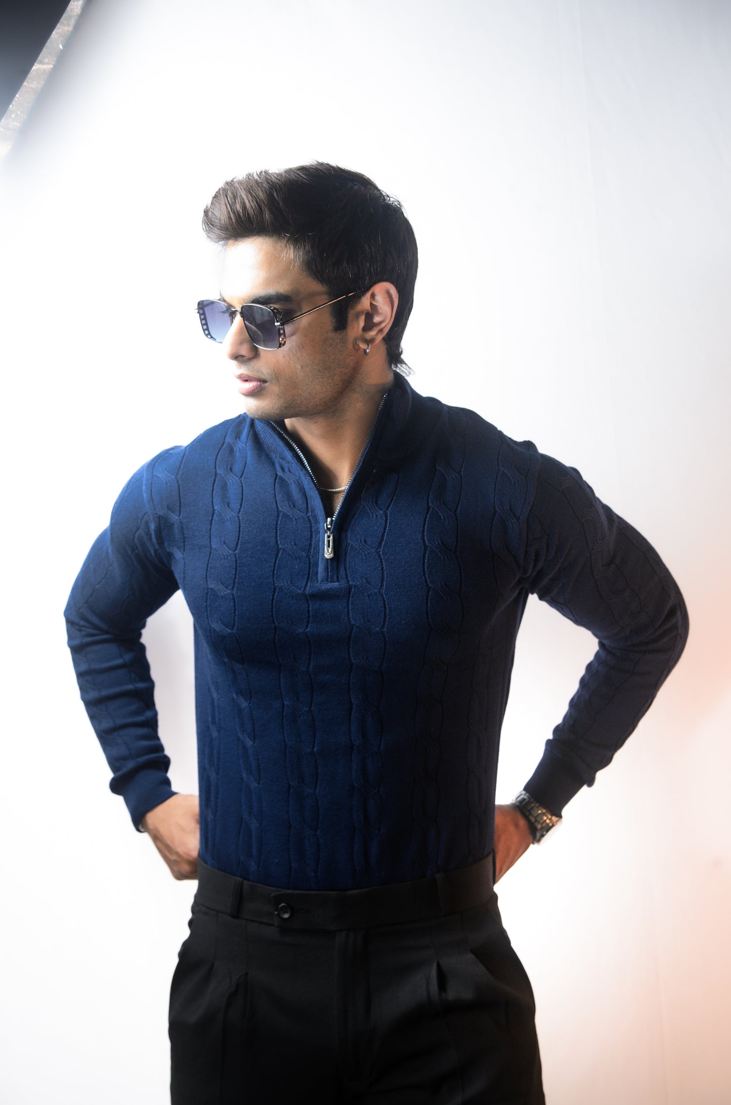 Riviera Knit Full Sleeve T-shirt- Navy Blue