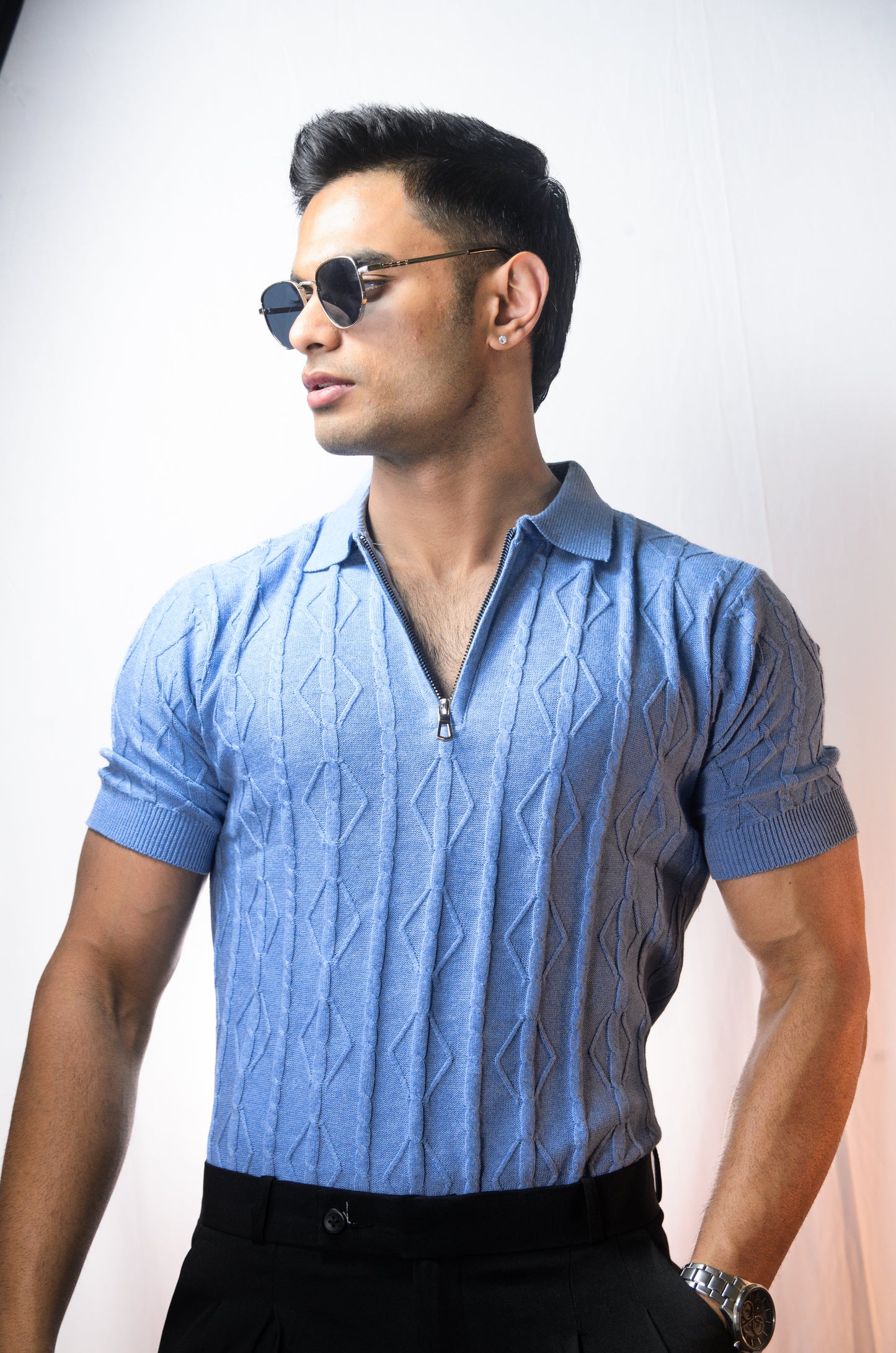 Azure Knit Polo T-Shirt - SKYBLUE