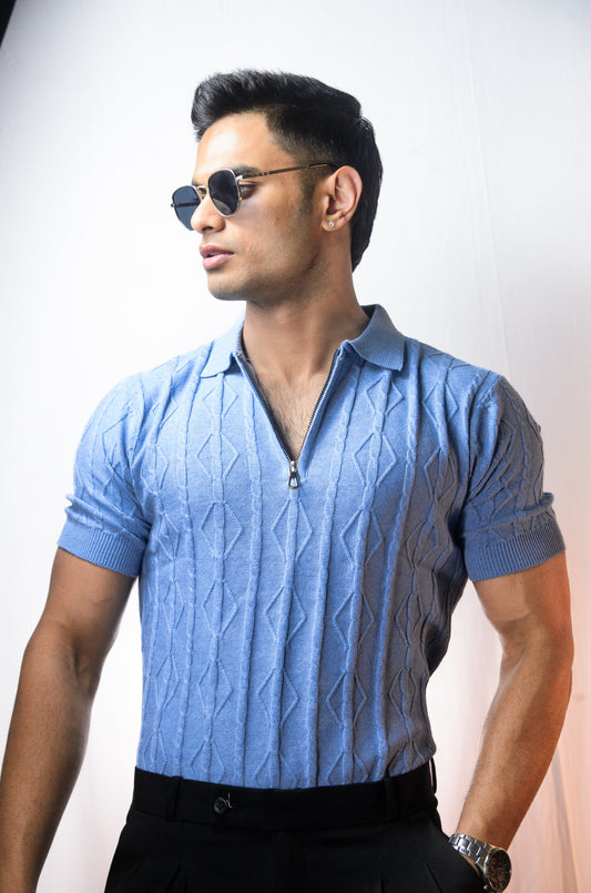 Azure Knit Polo T-Shirt - SKYBLUE