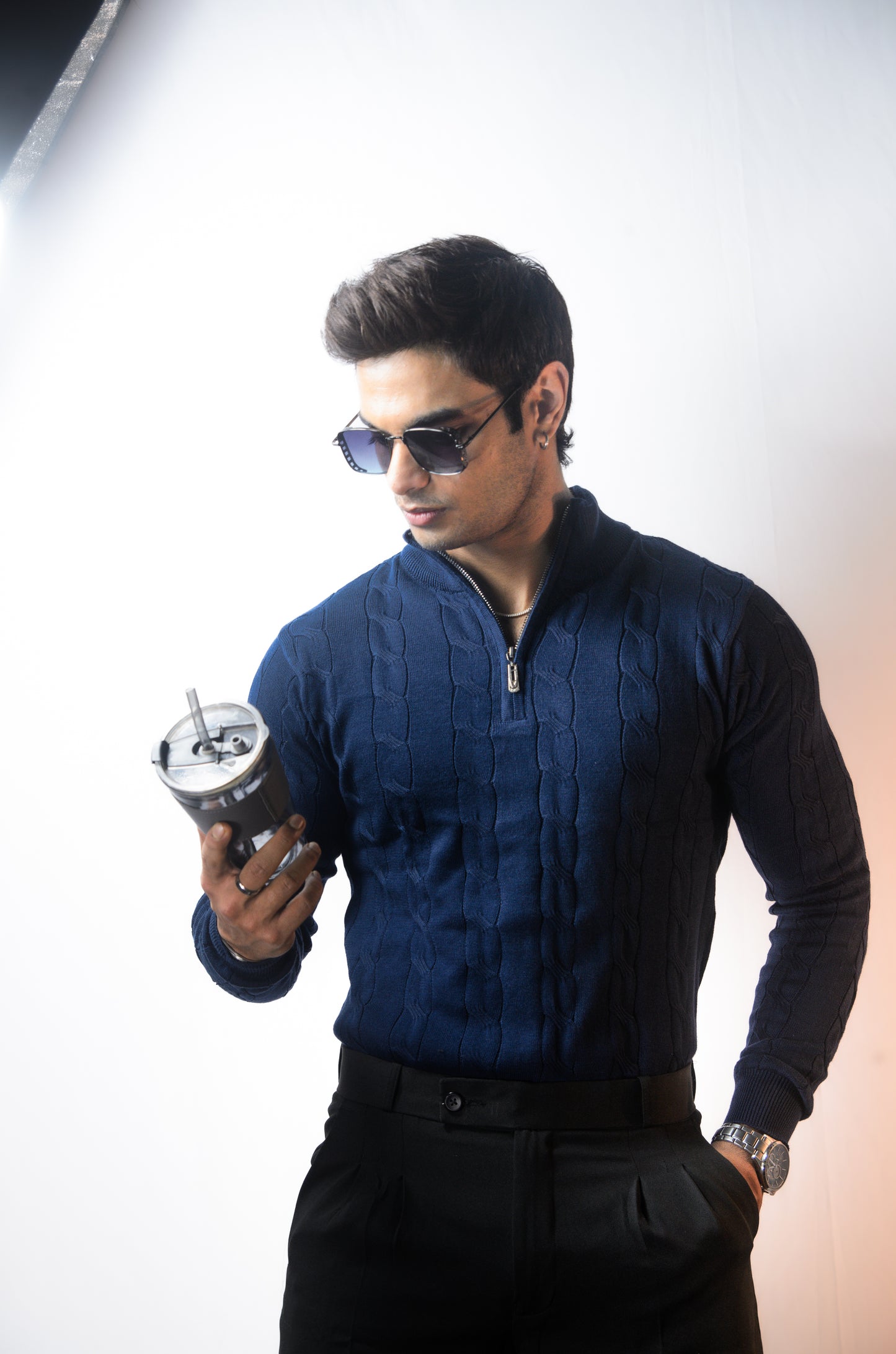 Riviera Knit Full Sleeve T-shirt- Navy Blue