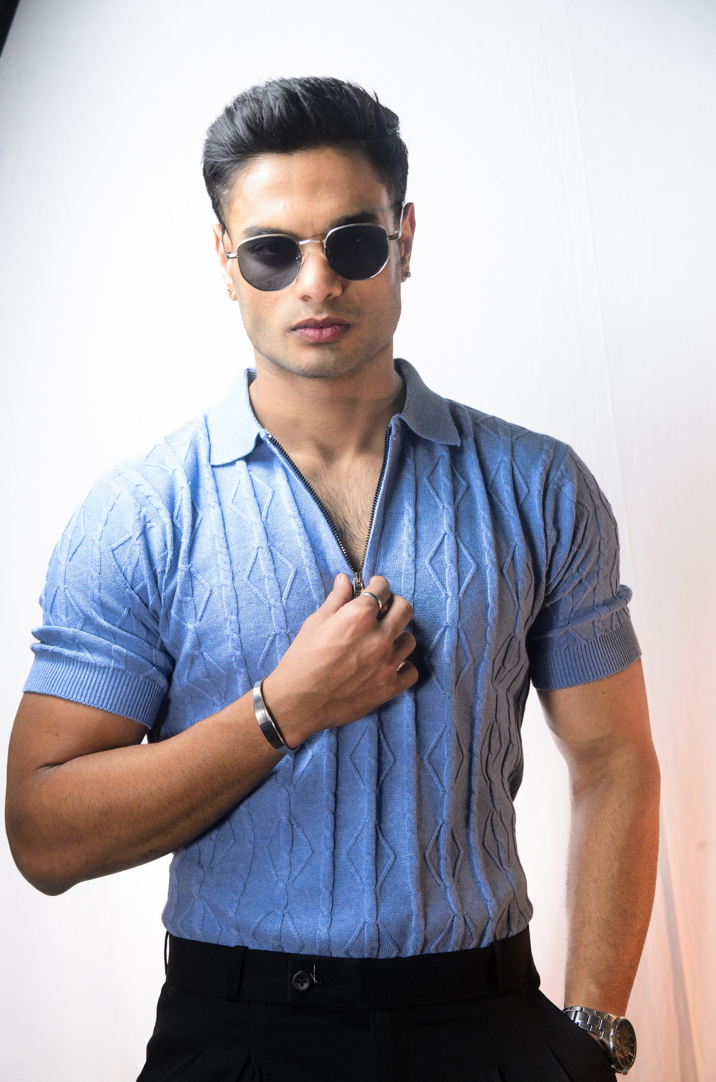 Azure Knit Polo T-Shirt - SKYBLUE