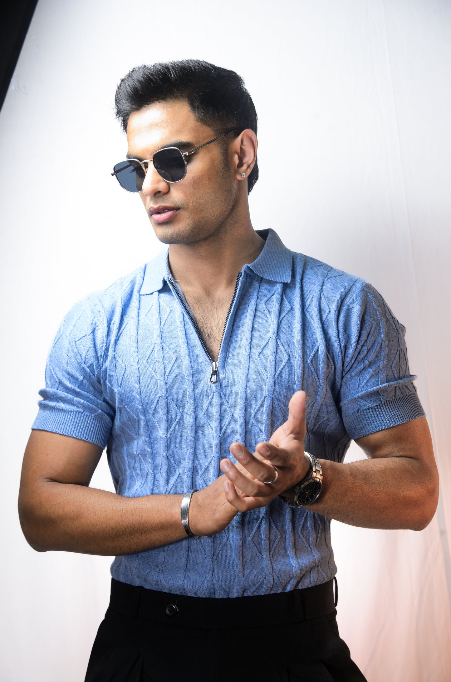 Azure Knit Polo T-Shirt - SKYBLUE