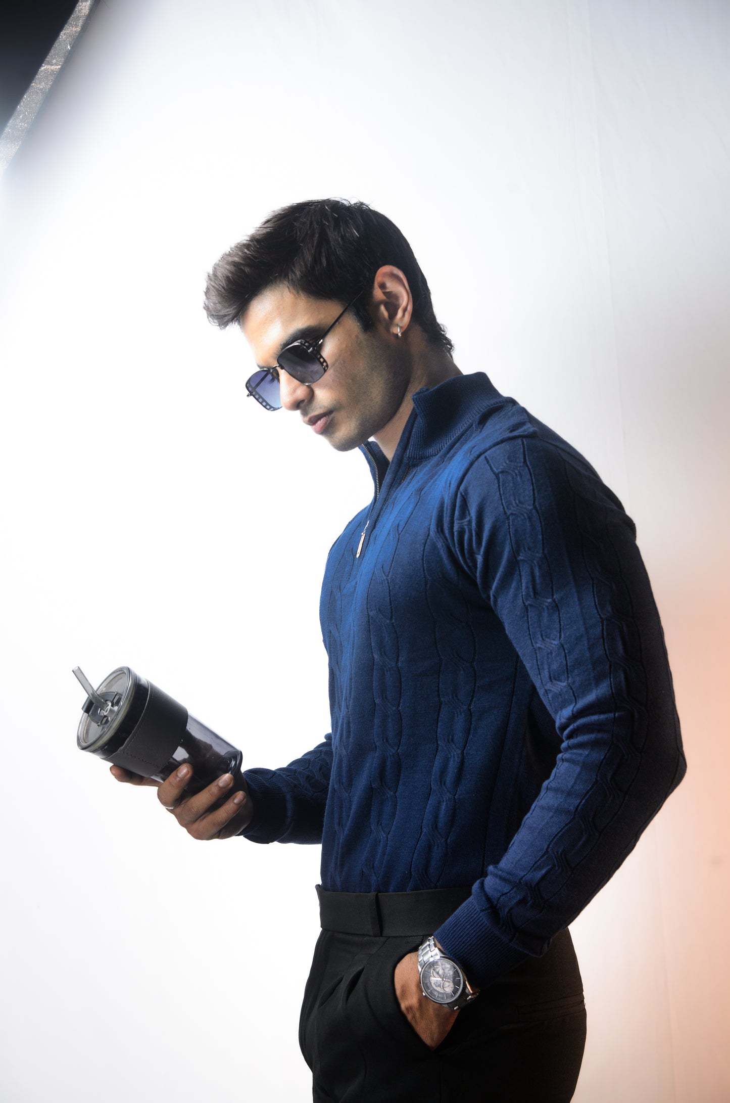 Riviera Knit Full Sleeve T-shirt- Navy Blue