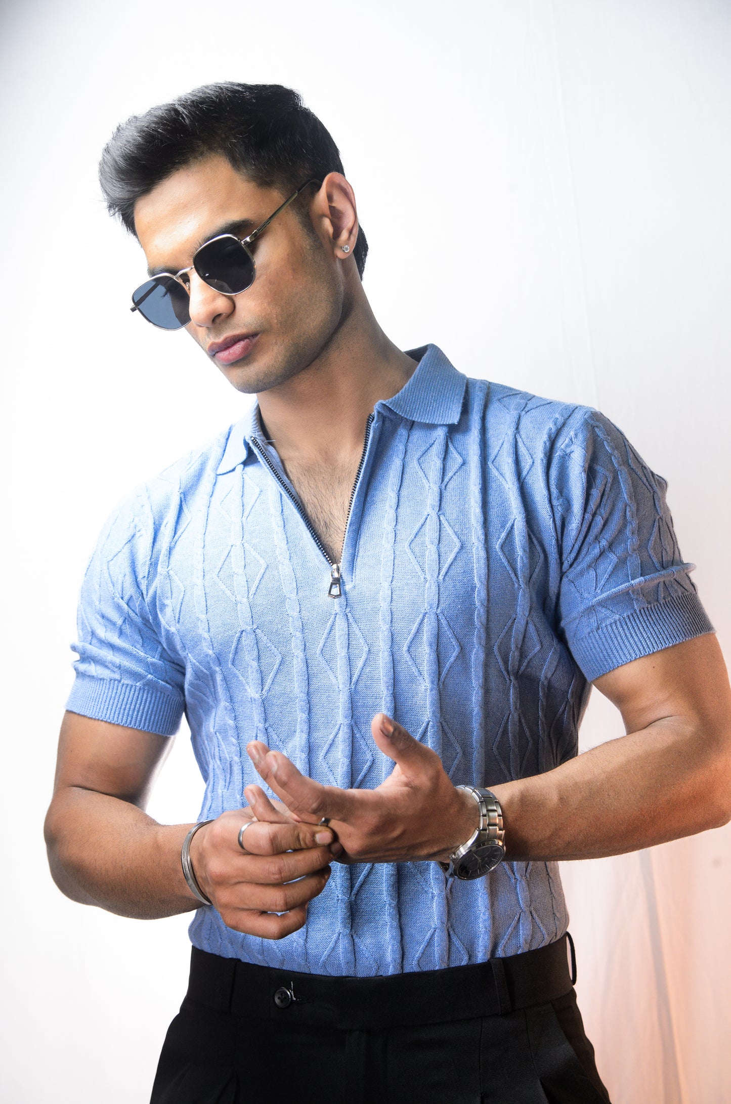 Azure Knit Polo T-Shirt - SKYBLUE
