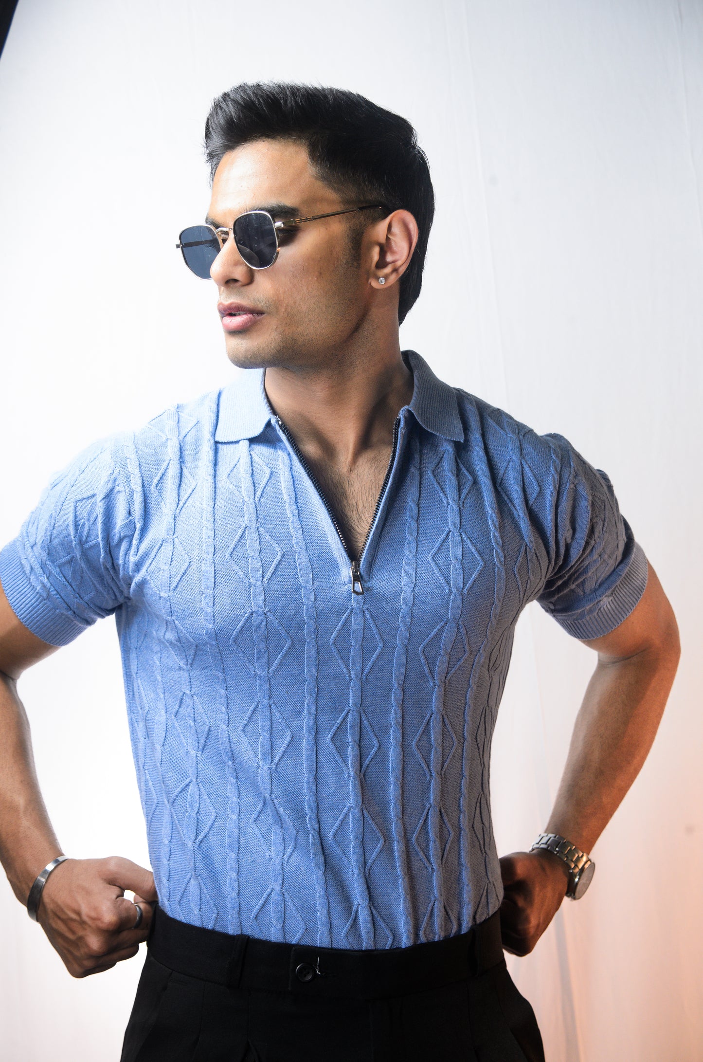 Azure Knit Polo T-Shirt - SKYBLUE