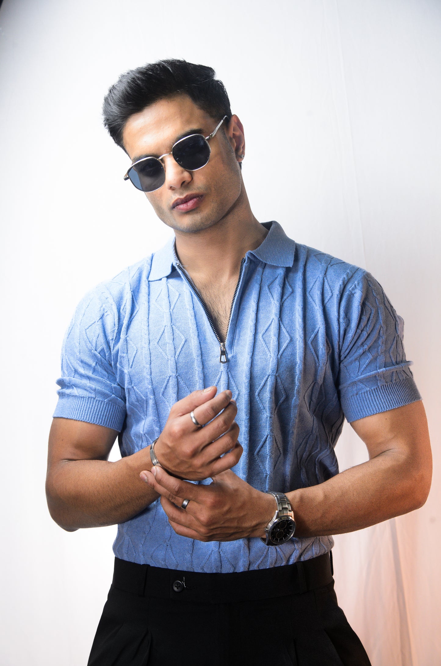 Azure Knit Polo T-Shirt - SKYBLUE