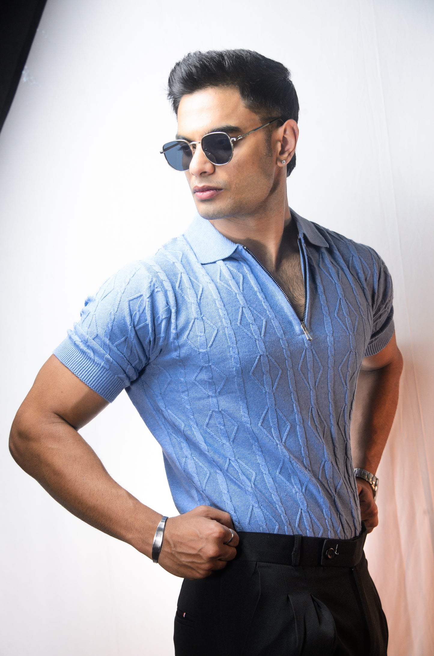 Azure Knit Polo T-Shirt - SKYBLUE