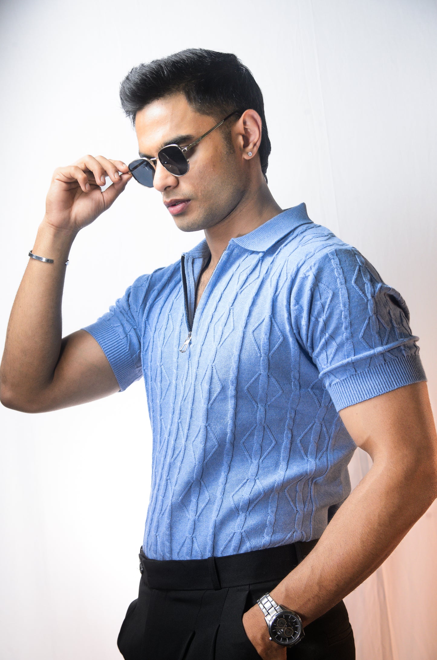 Azure Knit Polo T-Shirt - SKYBLUE