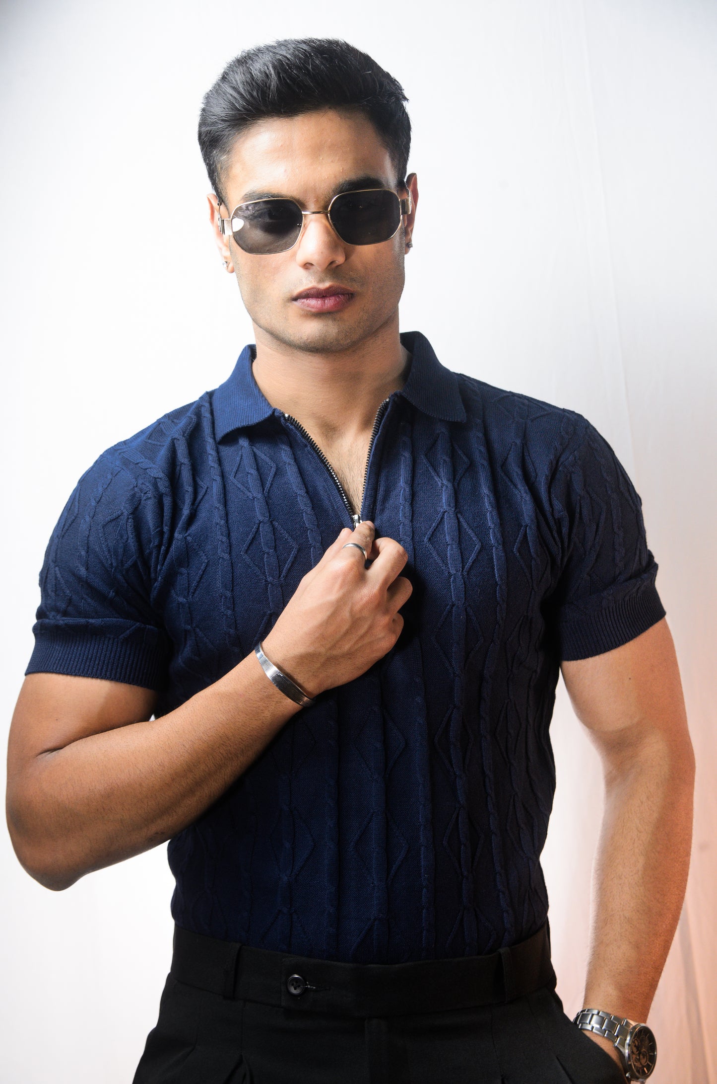 Azure Knit Polo T-Shirt - NAVY